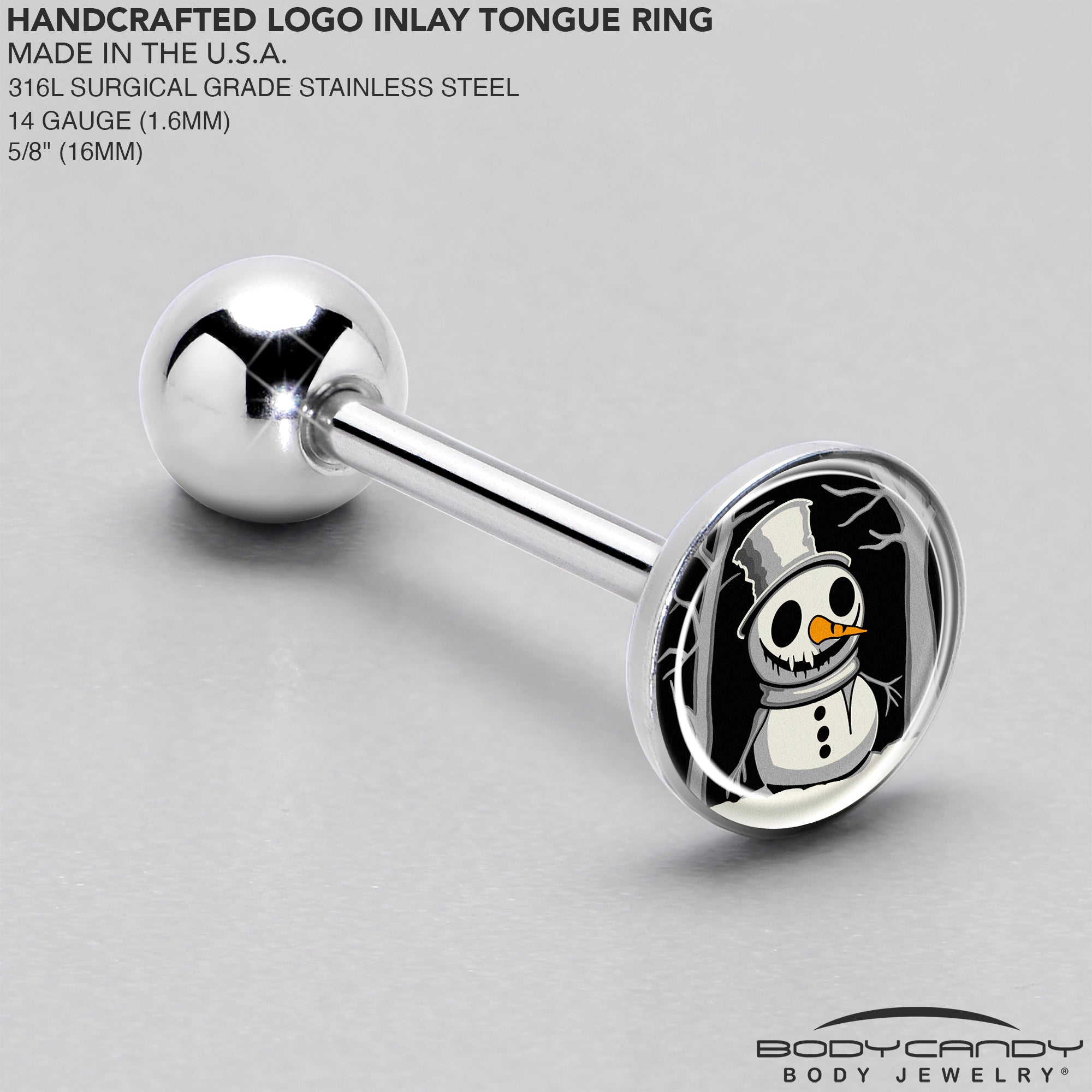 BodyCandy Christmas Holiday Spooky Snowman Barbell Tongue Ring by Onyx O — side view