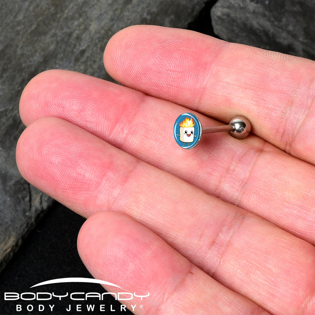 BodyCandy Burning Marshmallow Barbell Tongue Ring by Onyx O — detail close-up