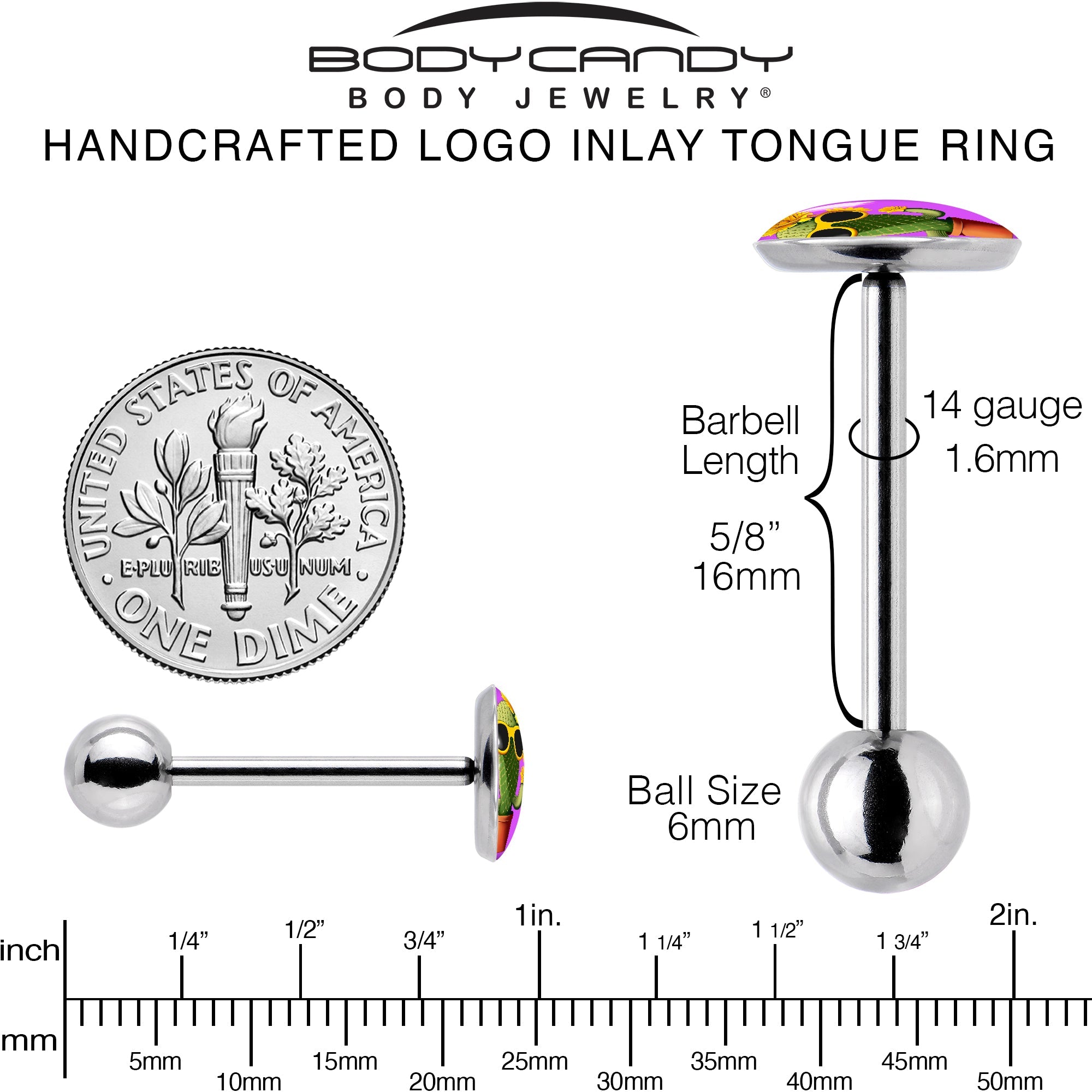 BodyCandy Sunflower Cactus Barbell Tongue Ring by Onyx O — back view