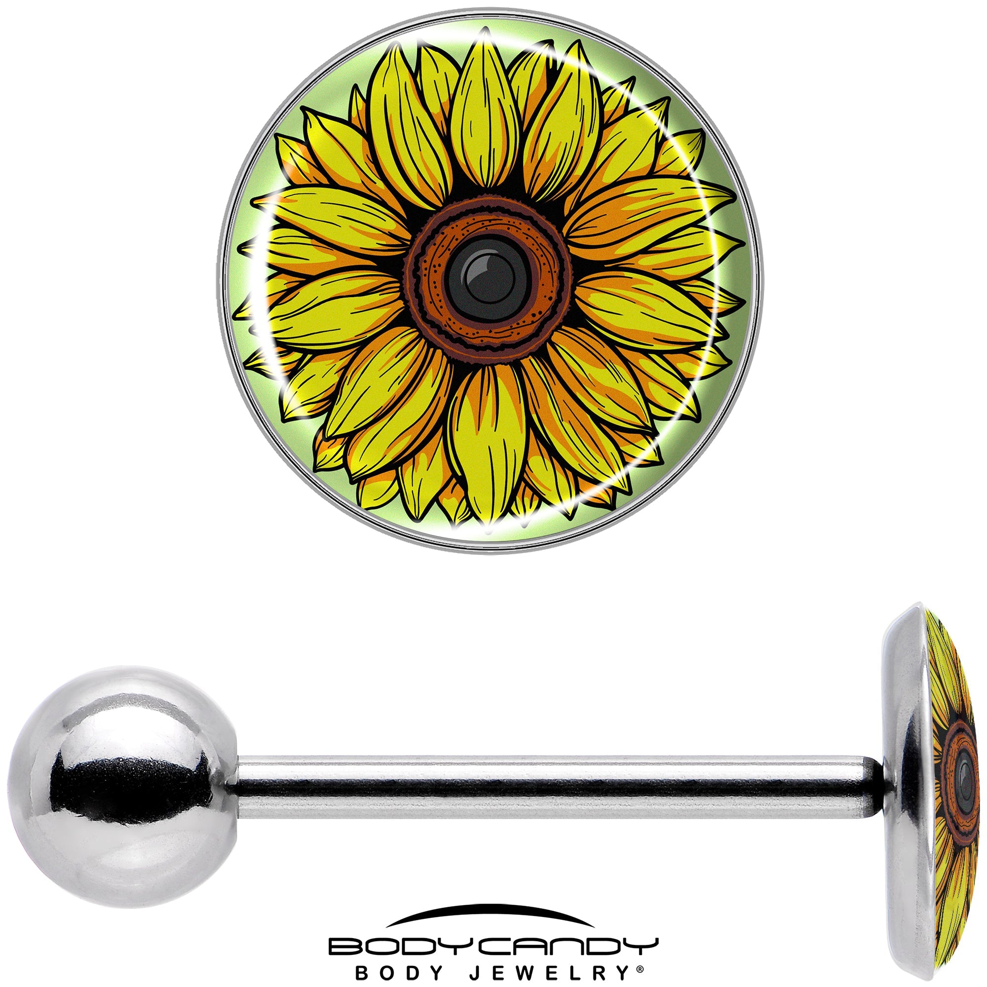 BodyCandy Blossom Creation Yellow Sunflower Barbell Tongue Ring by Onyx O — in-use photo