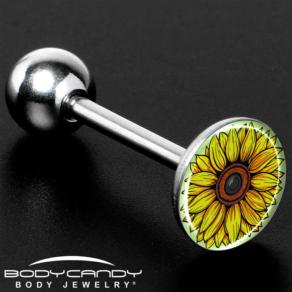 BodyCandy Blossom Creation Yellow Sunflower Barbell Tongue Ring by Onyx O — size reference
