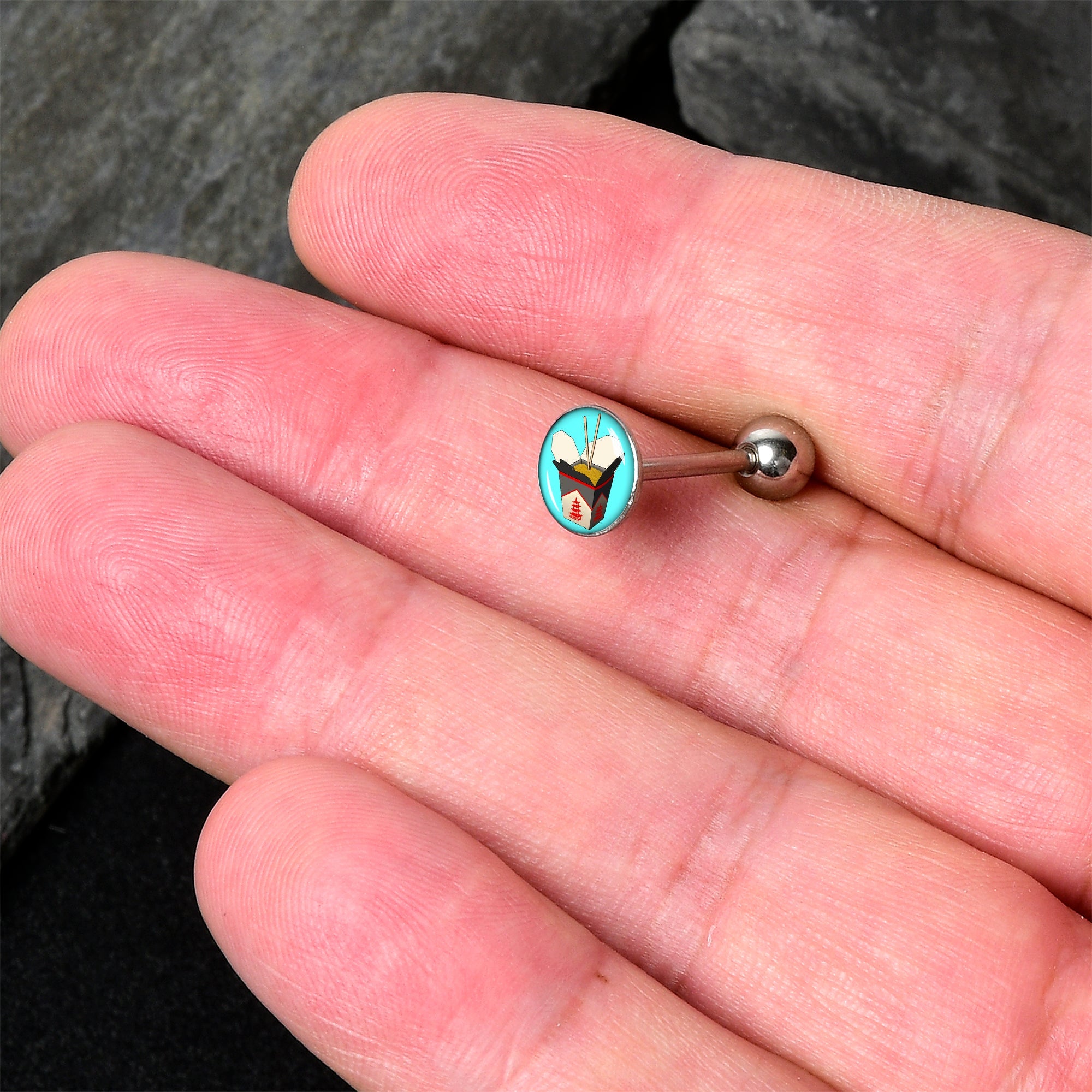 BodyCandy Chinese Take Out Barbell Tongue Ring by Onyx O — detail close-up