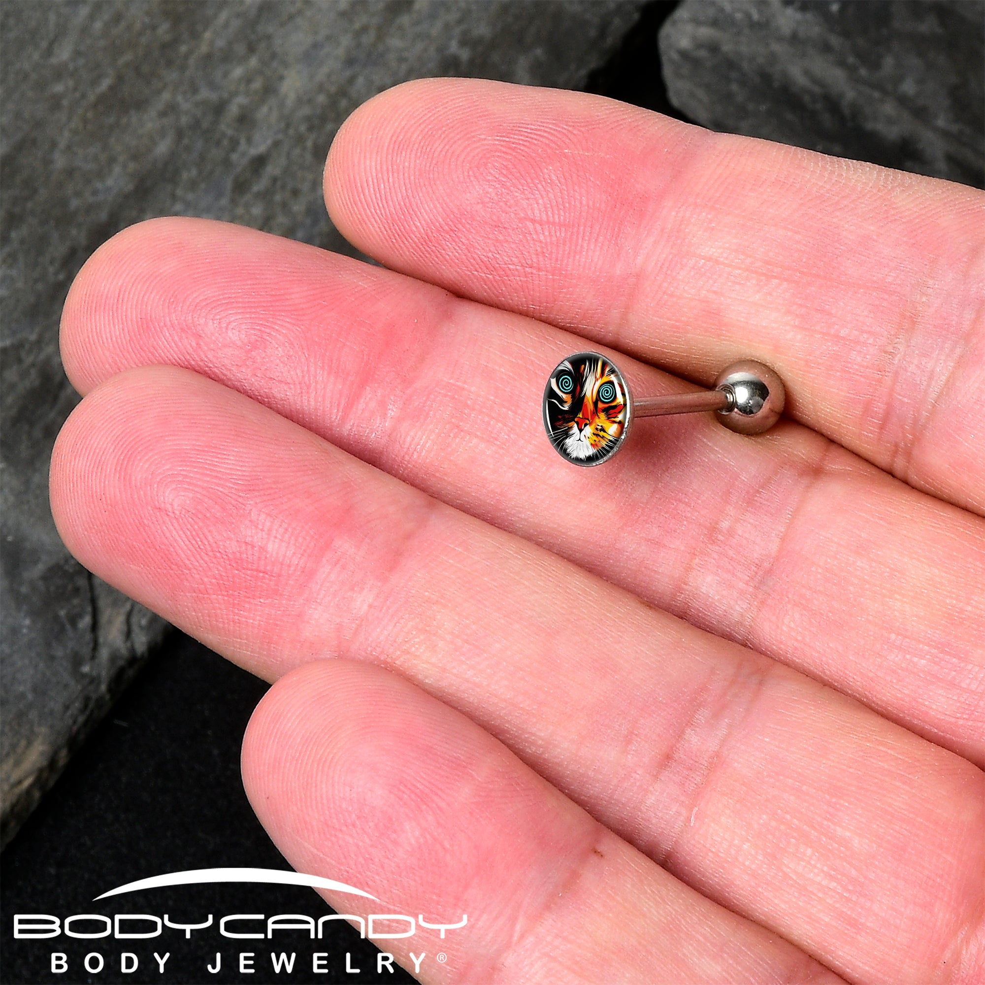 BodyCandy Colorful Trippy Cat Barbell Tongue Ring by Onyx O — detail close-up