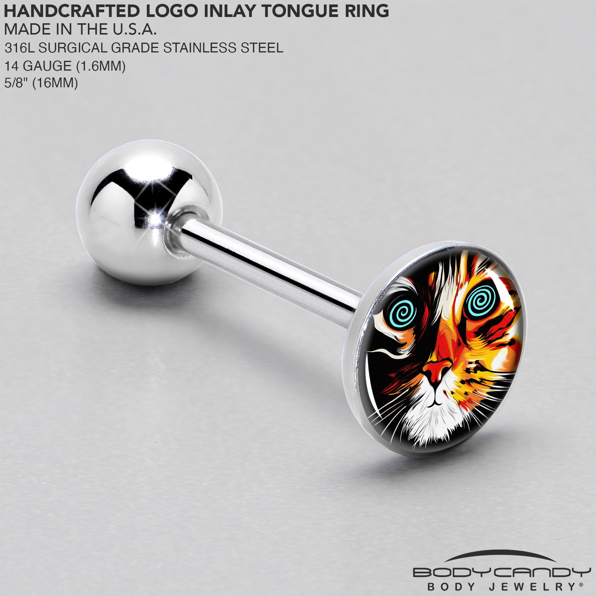 BodyCandy Colorful Trippy Cat Barbell Tongue Ring by Onyx O — side view