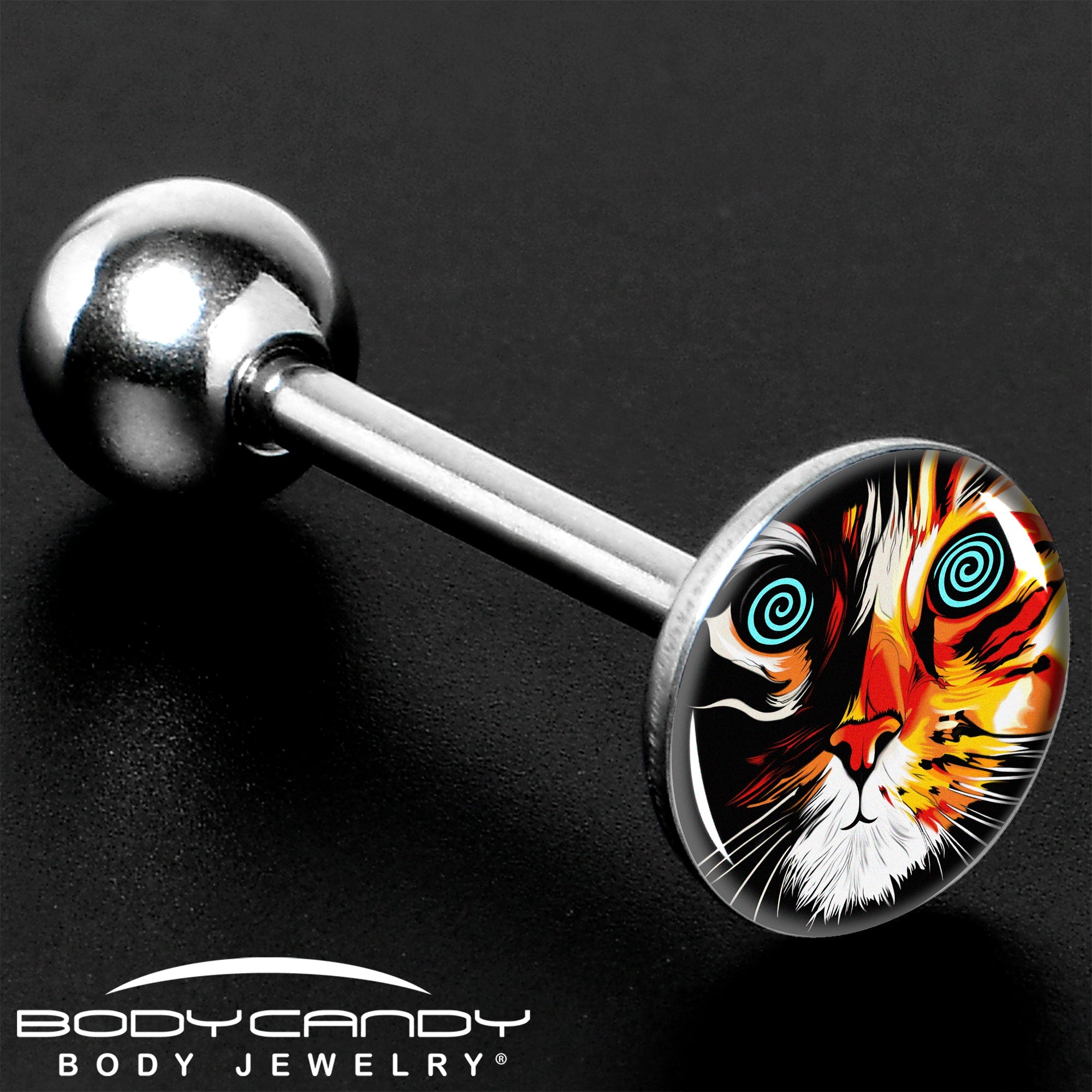BodyCandy Colorful Trippy Cat Barbell Tongue Ring by Onyx O — in-use photo