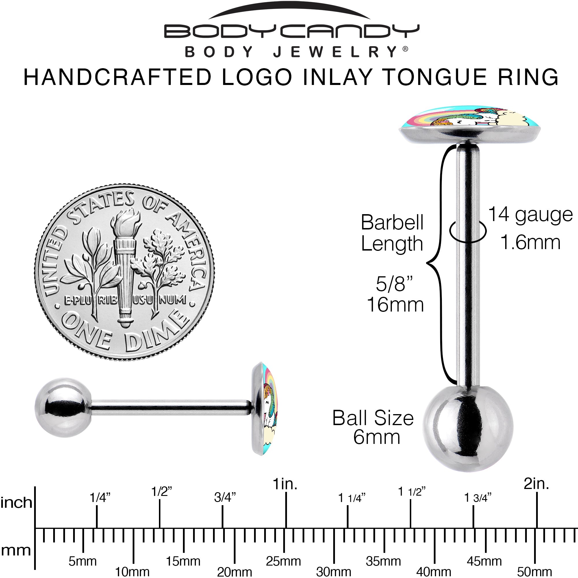 BodyCandy Rainbow Unicorn Barbell Tongue Ring by Onyx O — back view