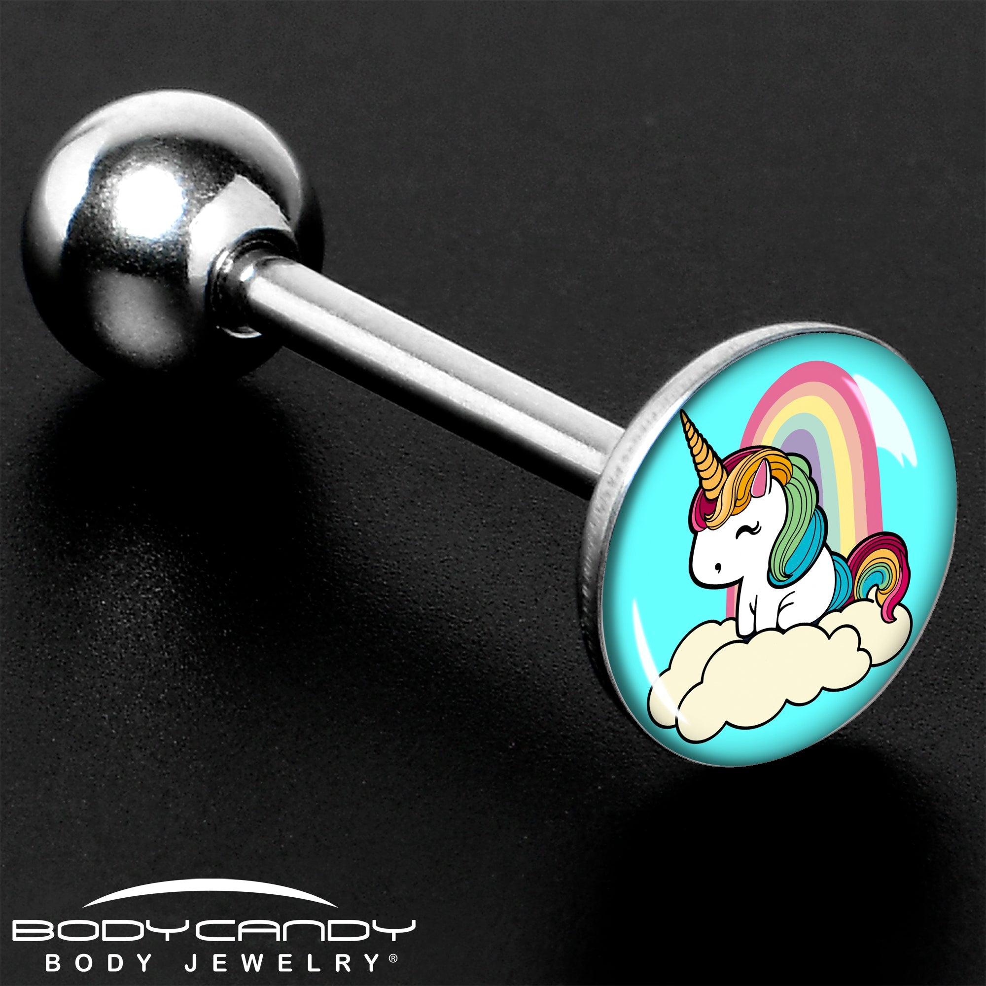 BodyCandy Rainbow Unicorn Barbell Tongue Ring by Onyx O — size reference