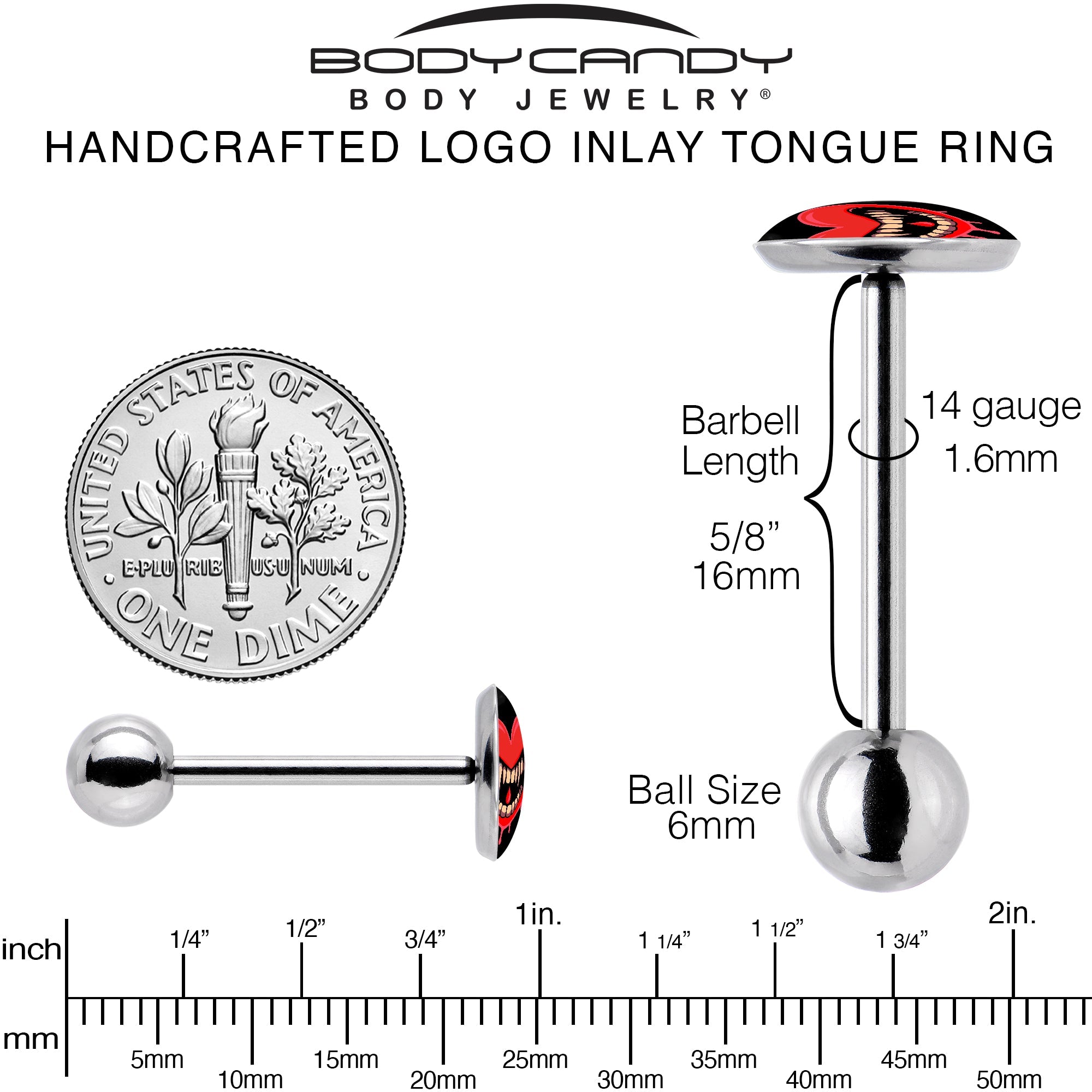 BodyCandy Valentine Heart Vampire Barbell Tongue Ring — back view
