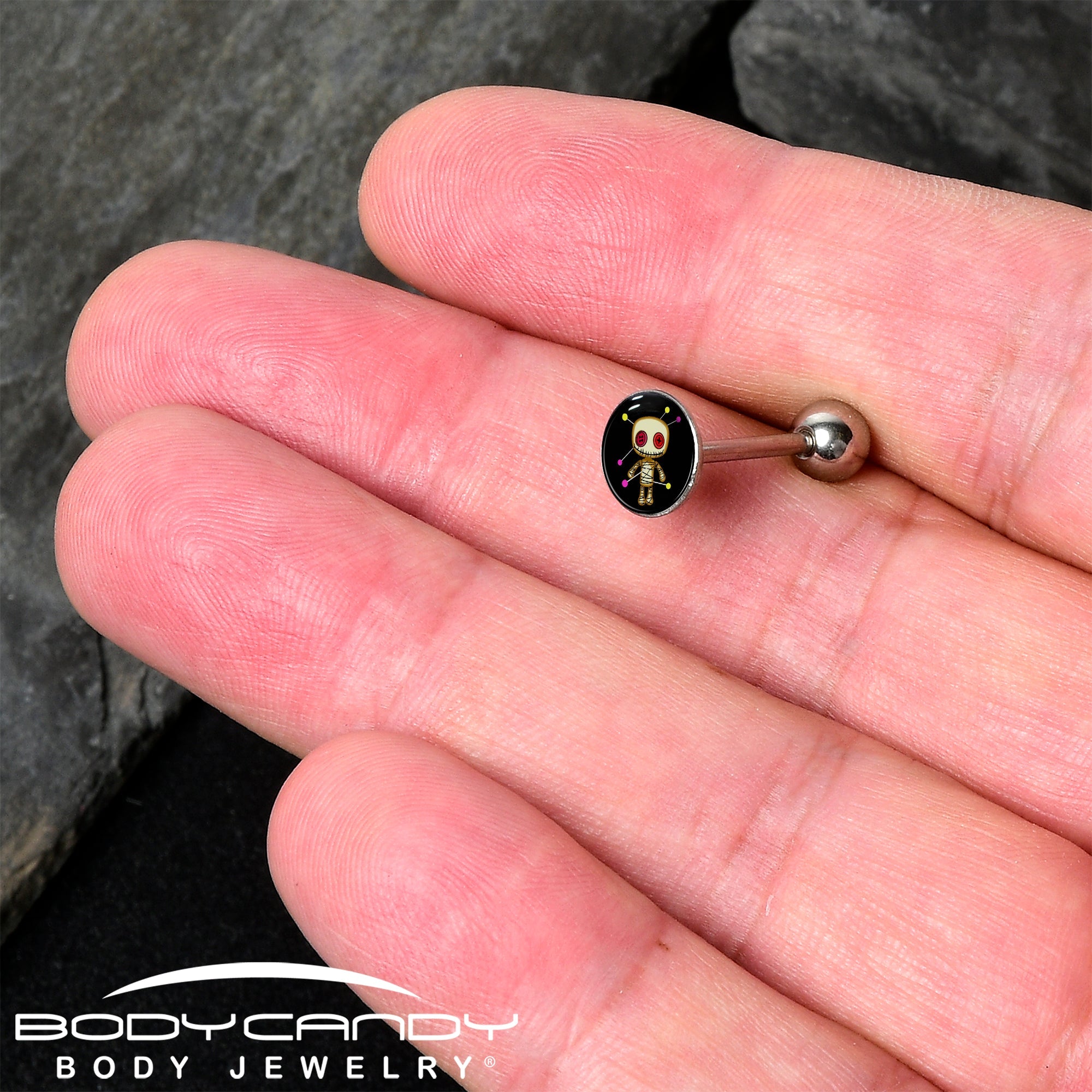 BodyCandy Voodoo Doll Barbell Tongue Ring by Onyx O — detail close-up