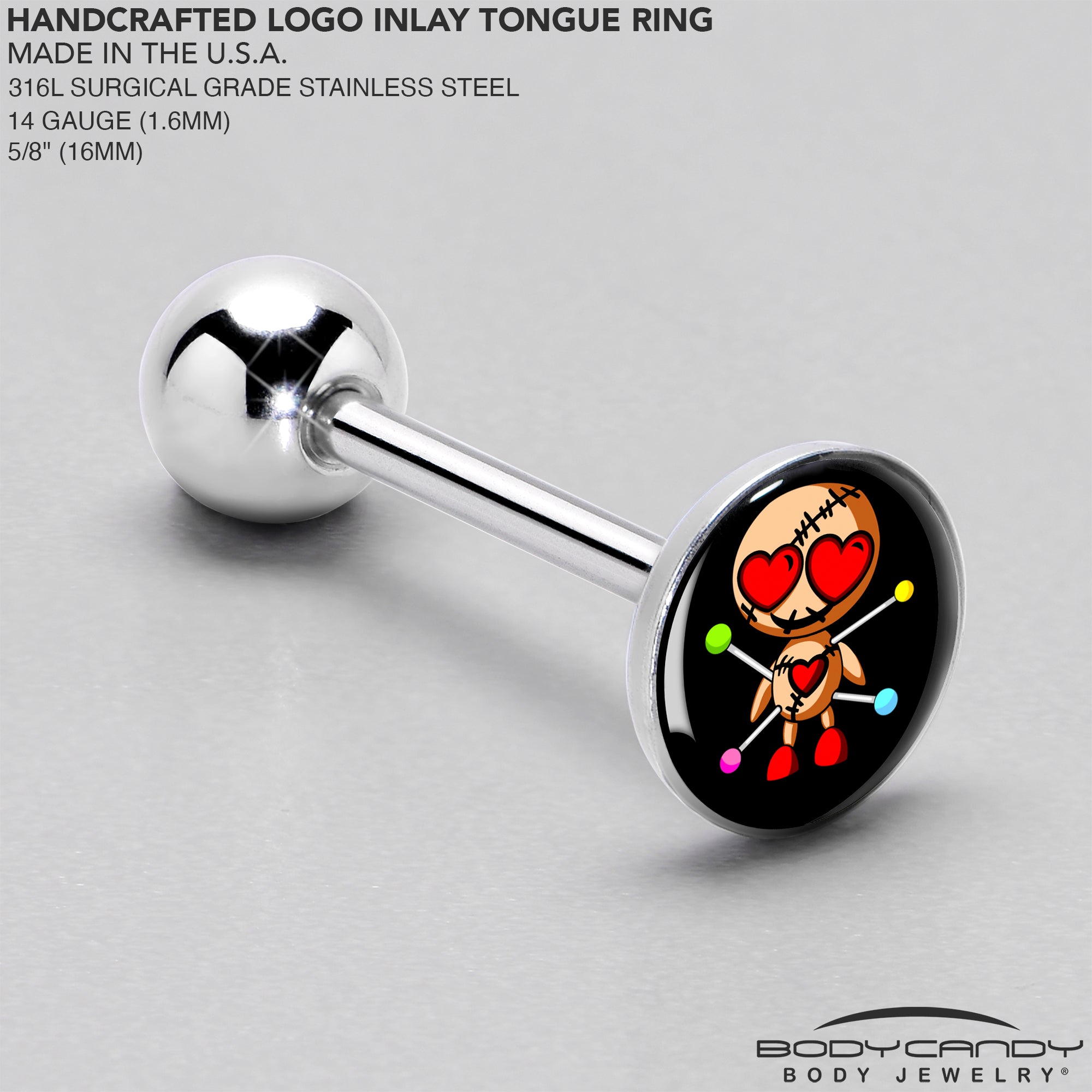 BodyCandy Valentine Heart Voodoo Doll Barbell Tongue Ring — side view