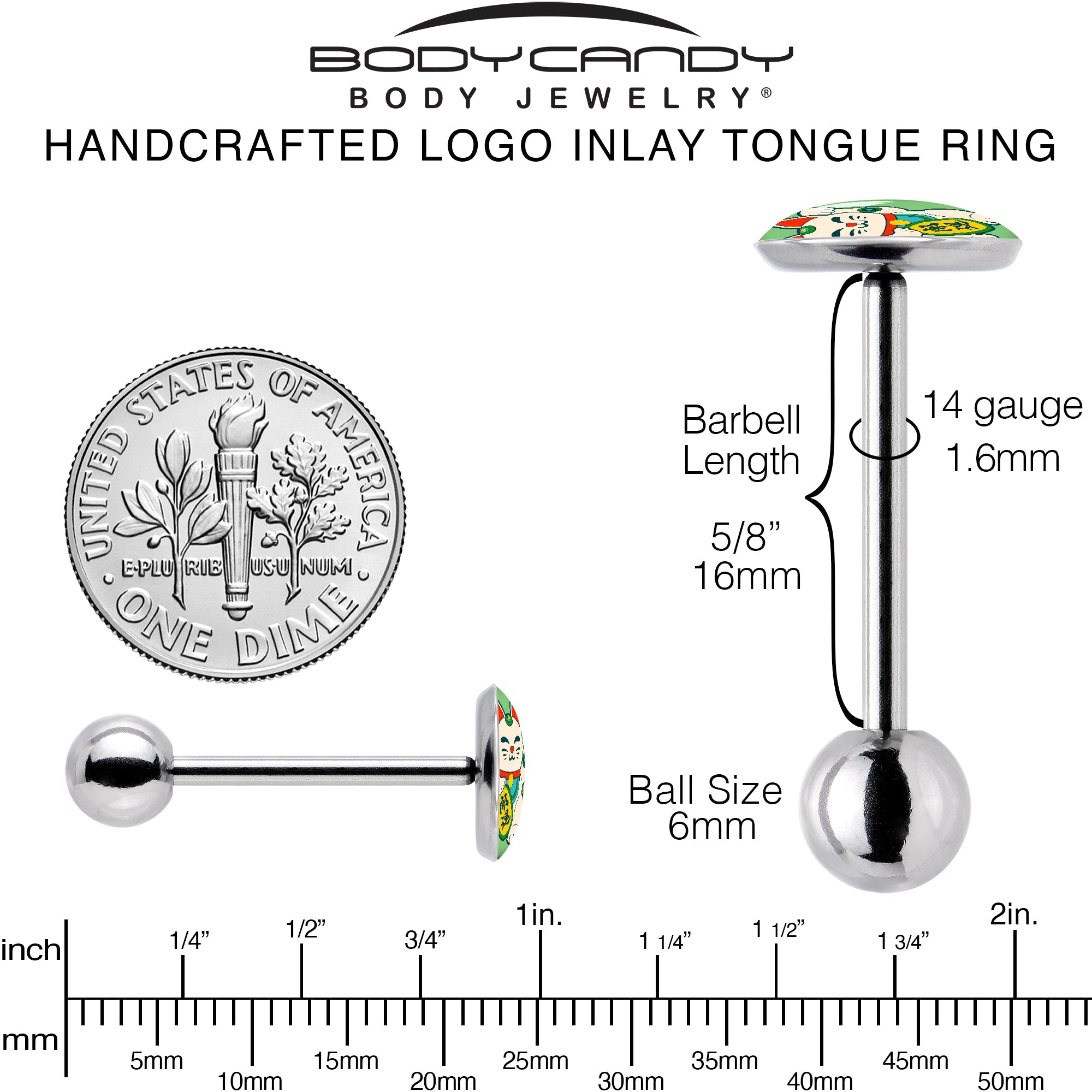 BodyCandy Waving Cat Barbell Tongue Ring by Onyx O — back view