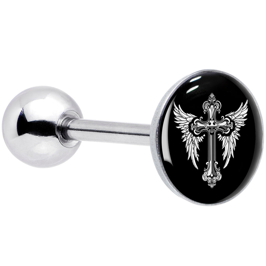 BodyCandy Black White Winged Cross Barbell Tongue Ring by Onyx O — main product shot