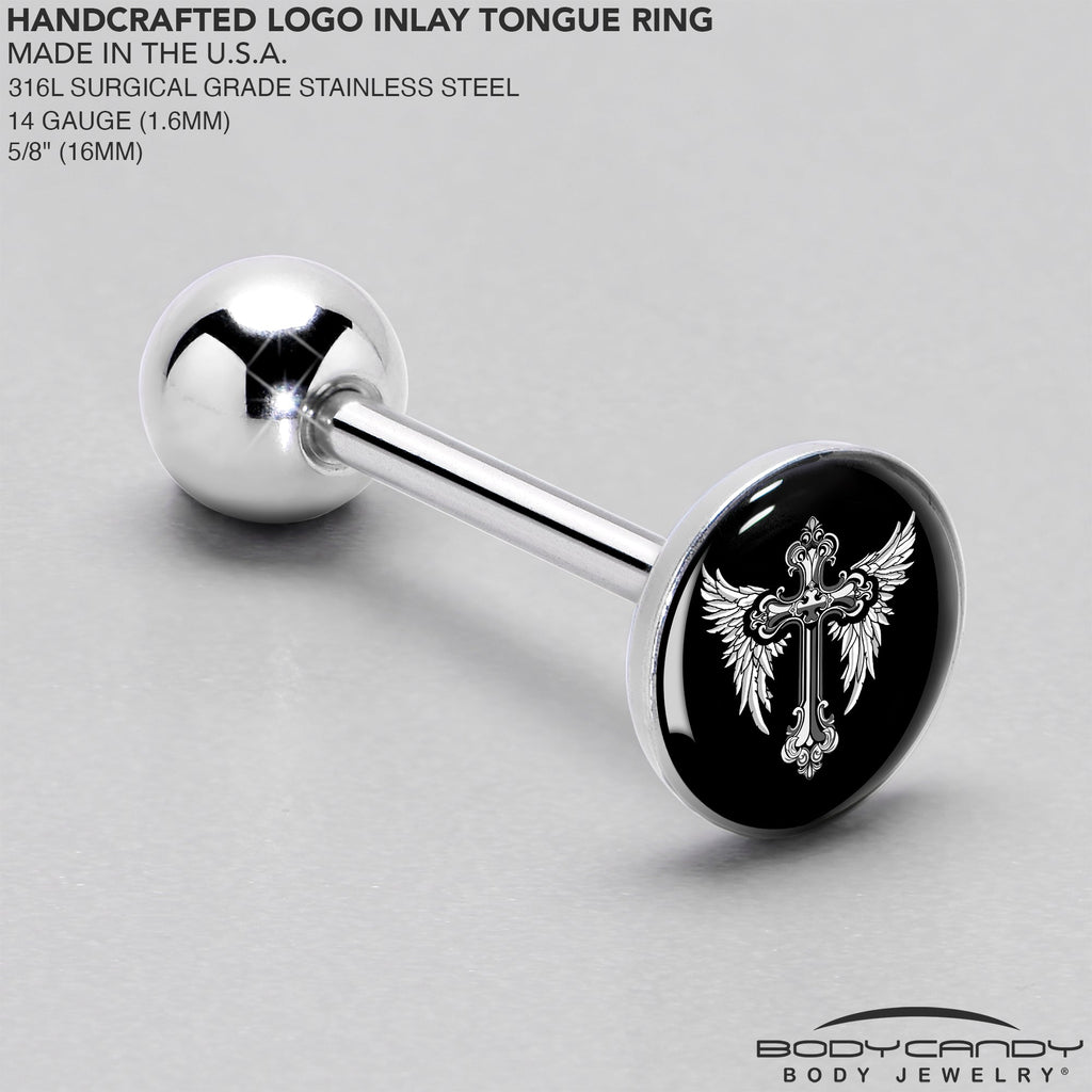 BodyCandy Black White Winged Cross Barbell Tongue Ring by Onyx O — side view