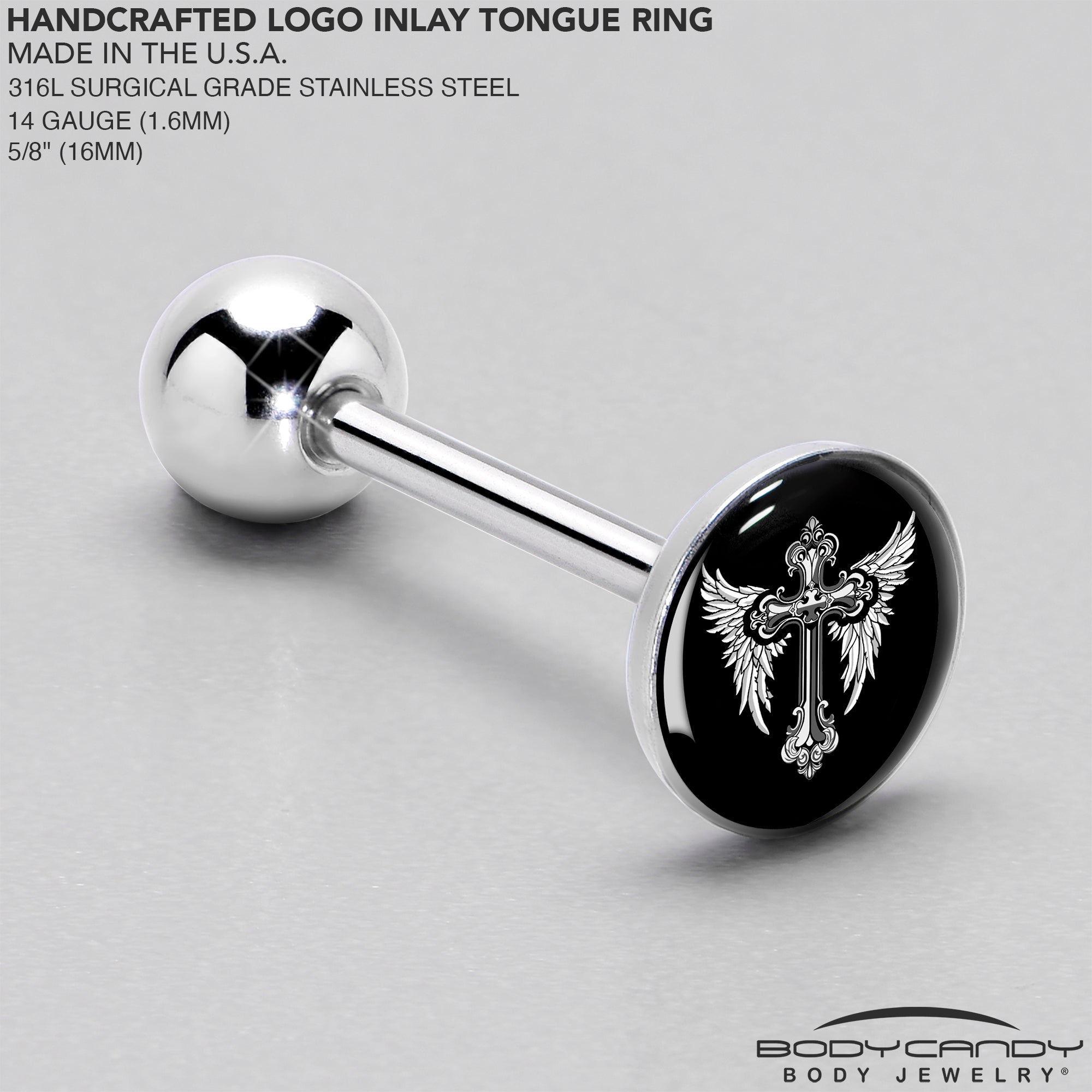 BodyCandy Black White Winged Cross Barbell Tongue Ring by Onyx O — side view