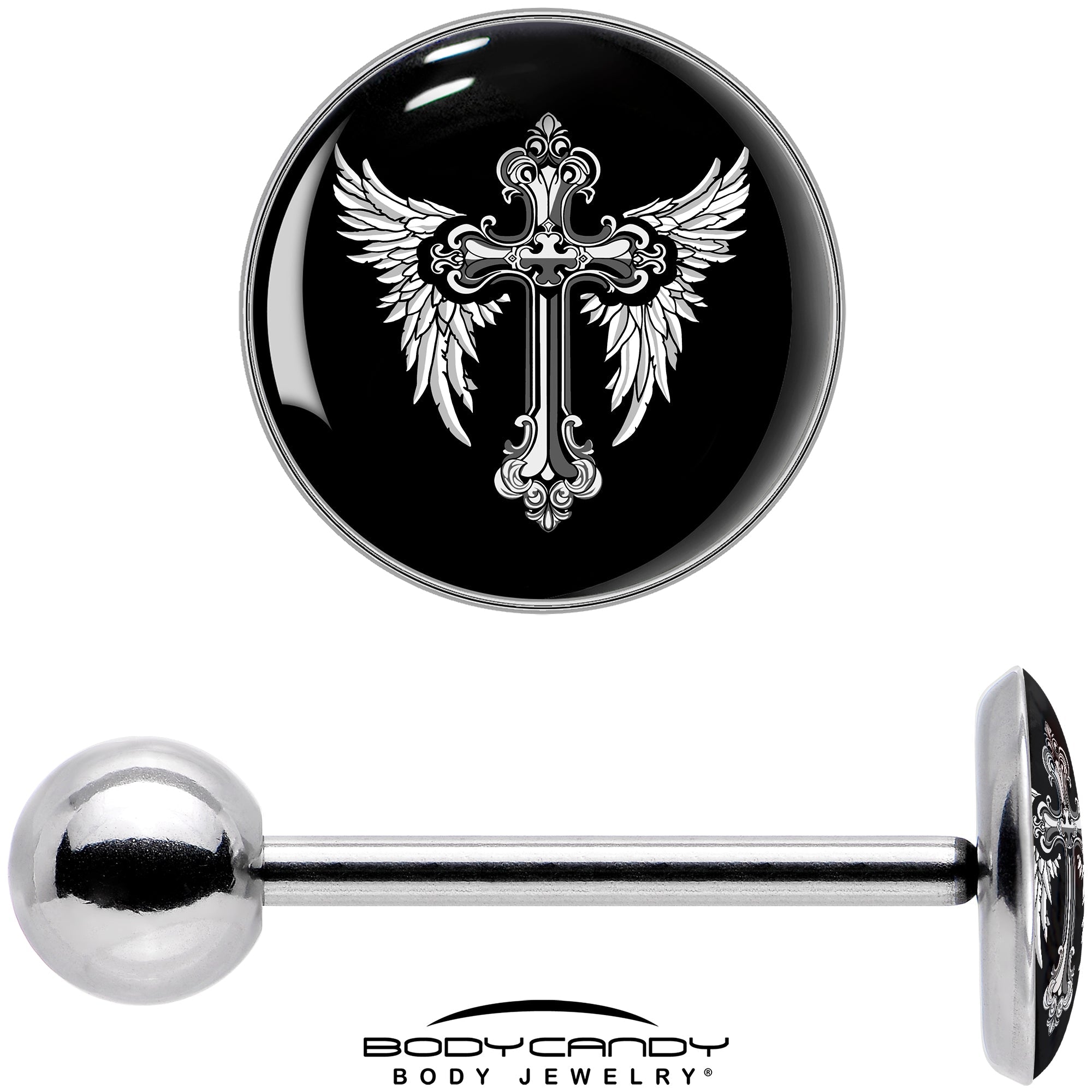 BodyCandy Black White Winged Cross Barbell Tongue Ring by Onyx O — in-use photo