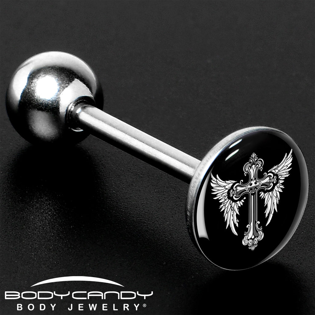 BodyCandy Black White Winged Cross Barbell Tongue Ring by Onyx O — size reference