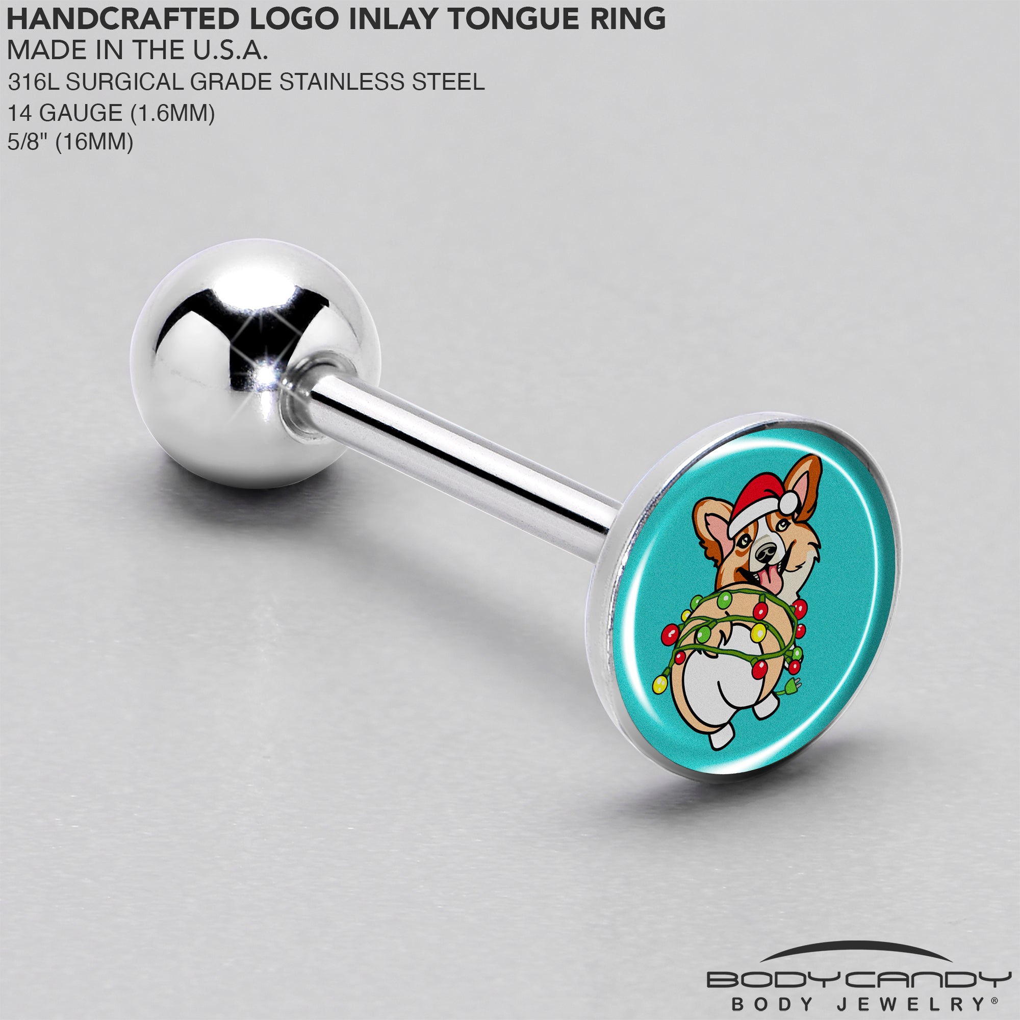 BodyCandy Christmas Holiday Lights Corgi Dog Barbell Tongue Ring by Onyx O — side view