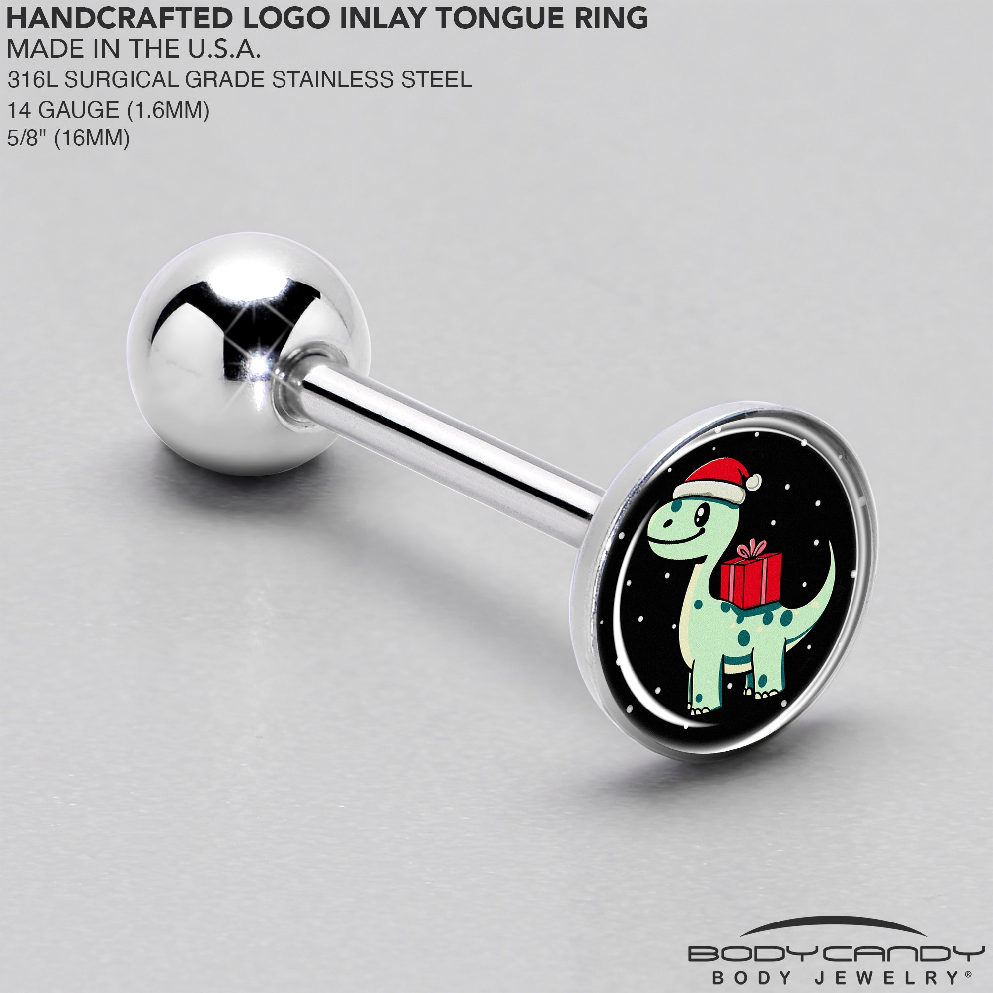 BodyCandy Christmas Holiday Dinosaur Barbell Tongue Ring by Onyx O — side view
