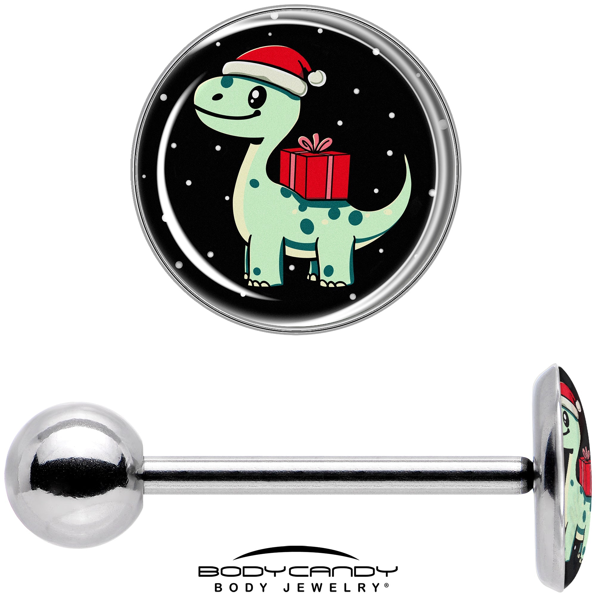 BodyCandy Christmas Holiday Dinosaur Barbell Tongue Ring by Onyx O — in-use photo