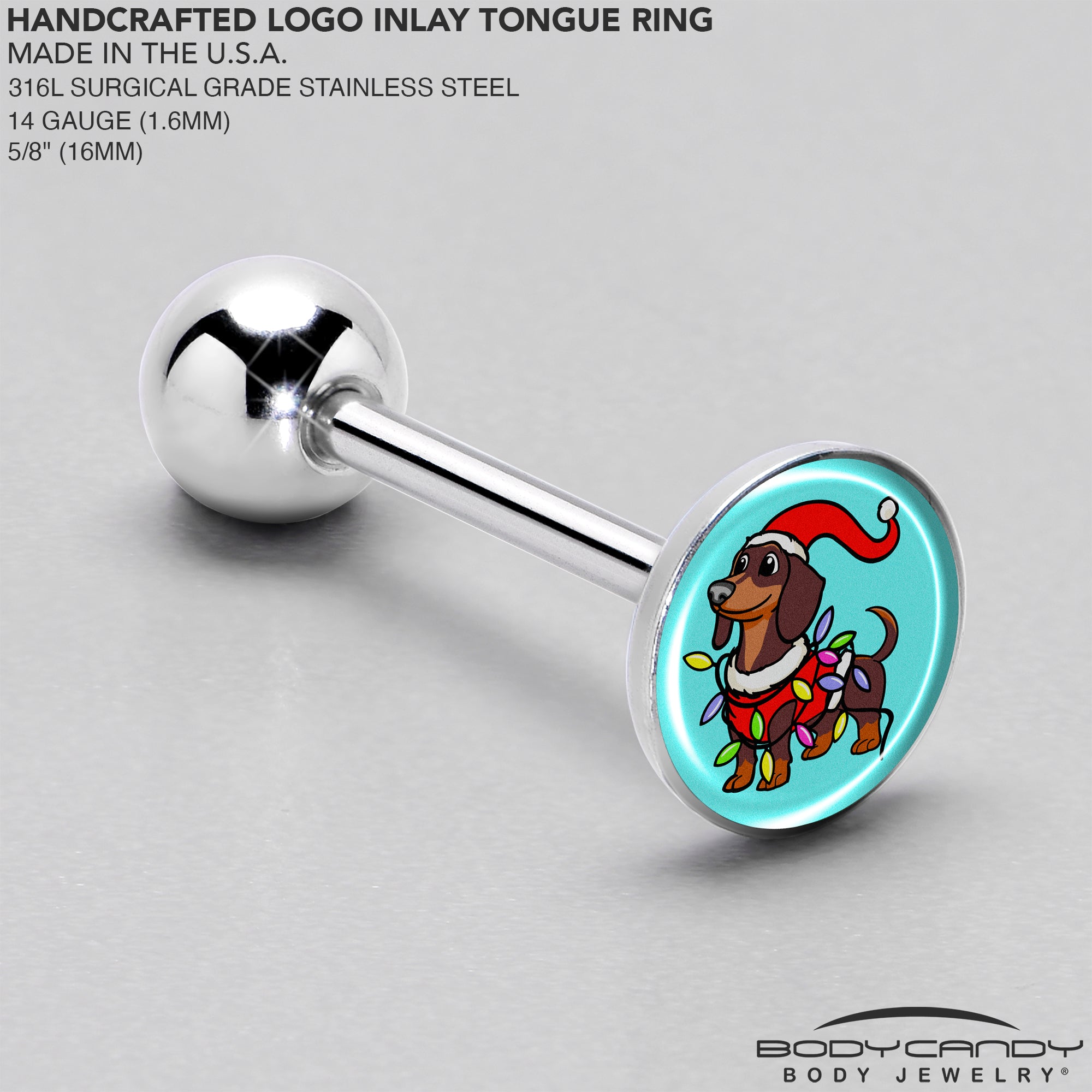 BodyCandy Christmas Holiday Weiner Dog Barbell Tongue Ring by Onyx O — side view