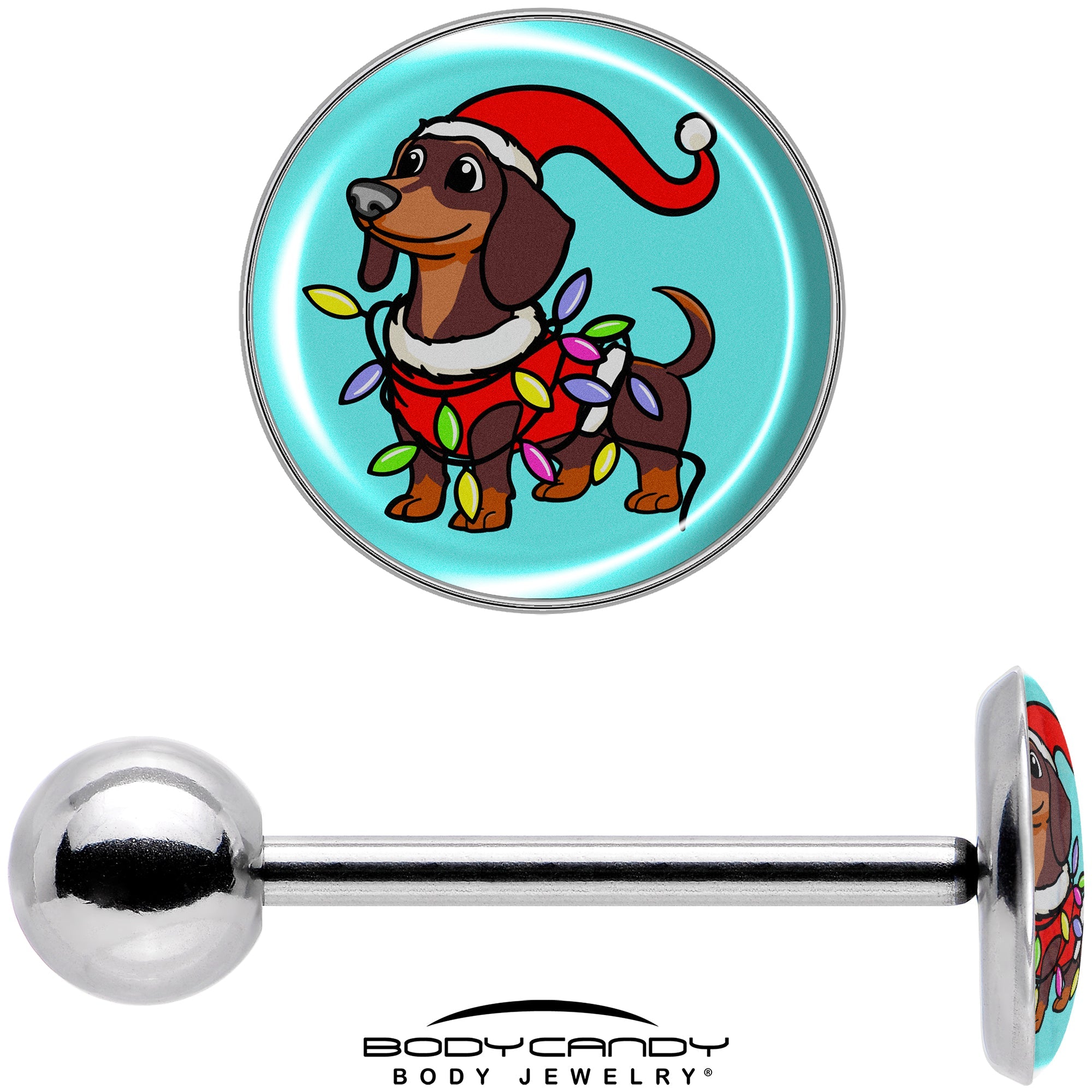 BodyCandy Christmas Holiday Weiner Dog Barbell Tongue Ring by Onyx O — in-use photo