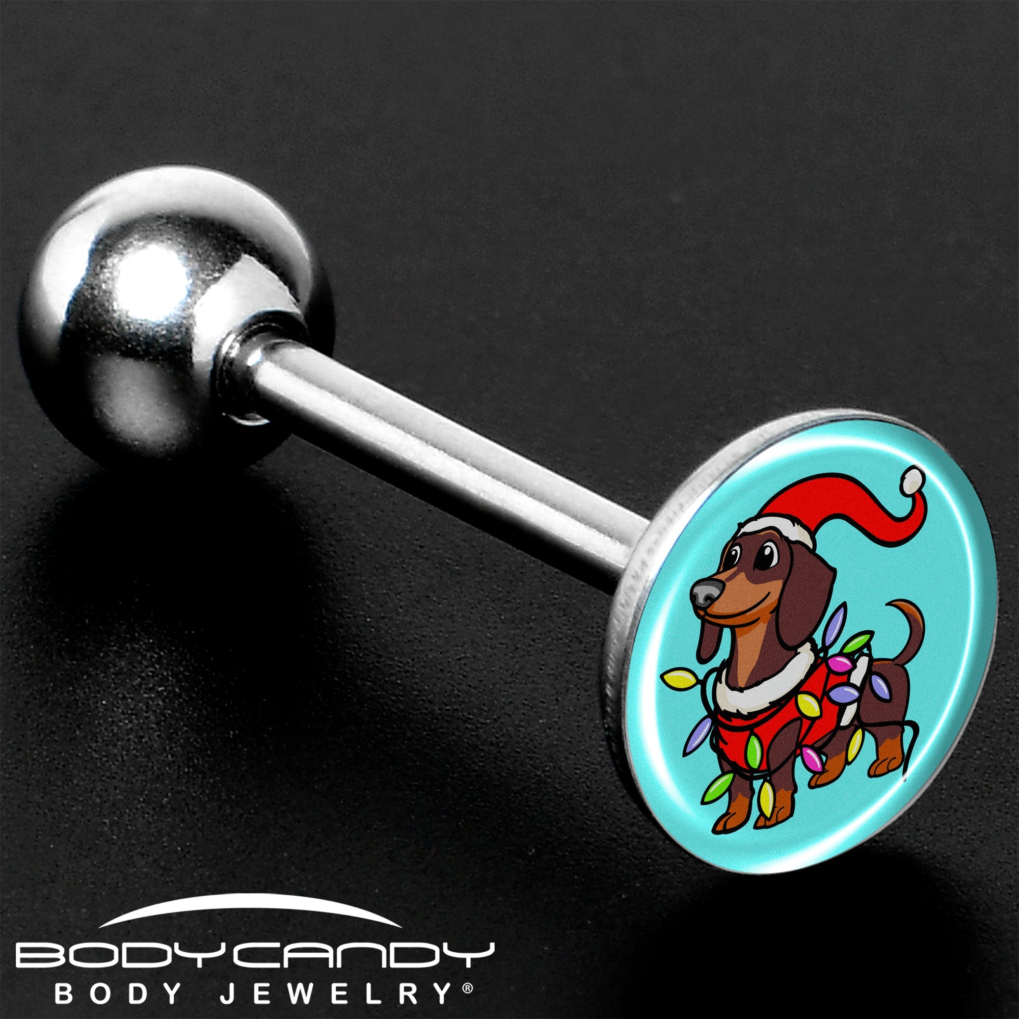 BodyCandy Christmas Holiday Weiner Dog Barbell Tongue Ring by Onyx O — size reference