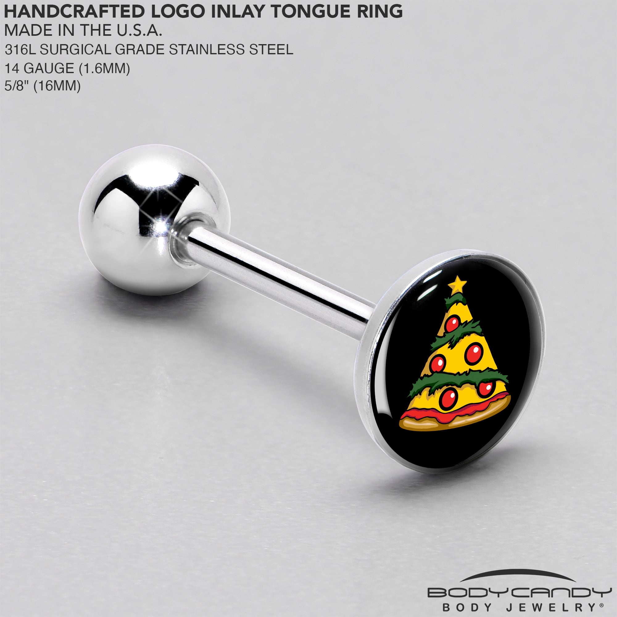 BodyCandy Christmas Holiday Pizza Tree Barbell Tongue Ring by Onyx O — side view
