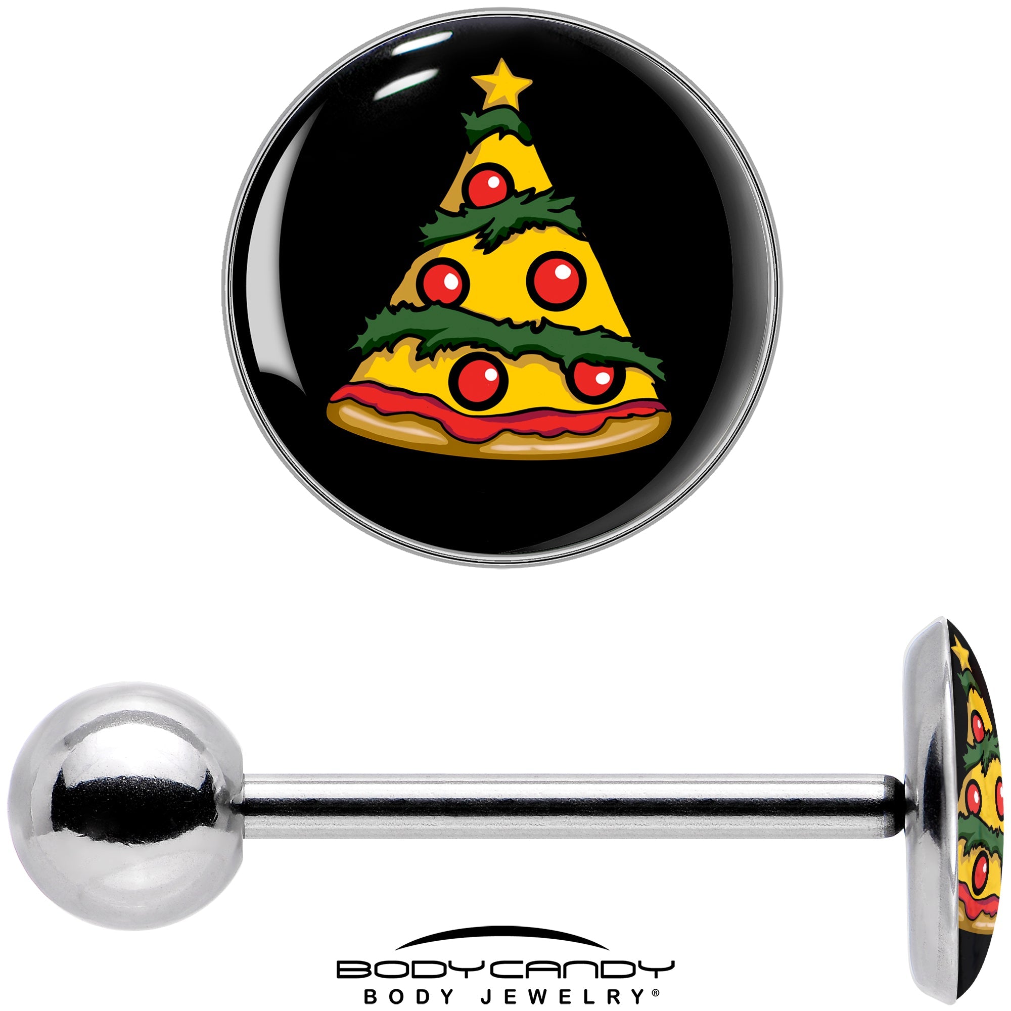 BodyCandy Christmas Holiday Pizza Tree Barbell Tongue Ring by Onyx O — in-use photo