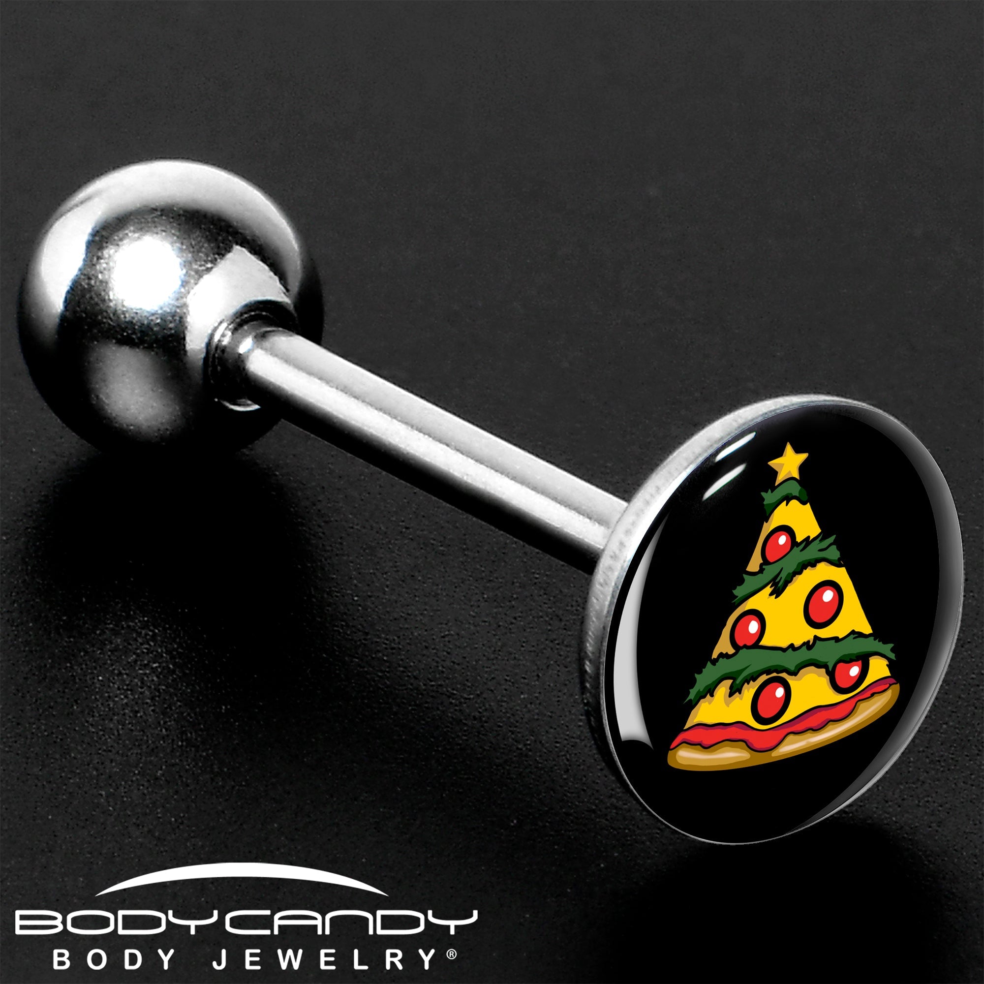 BodyCandy Christmas Holiday Pizza Tree Barbell Tongue Ring by Onyx O — size reference