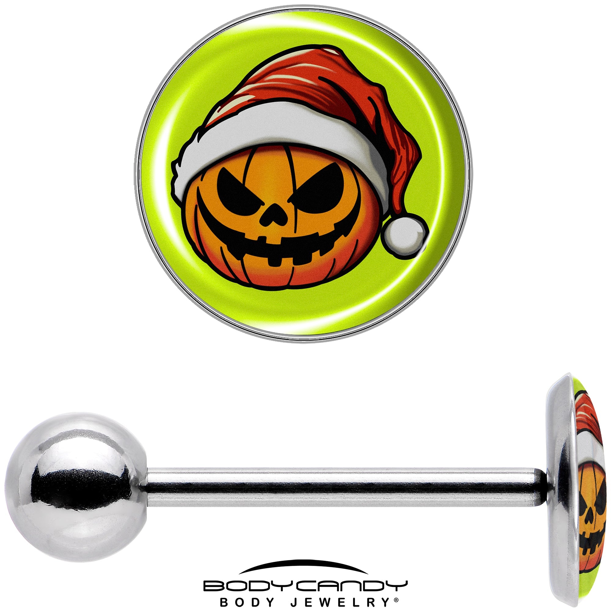 BodyCandy Christmas Holiday Santa Hat Pumpkin Barbell Tongue Ring by Onyx O — in-use photo