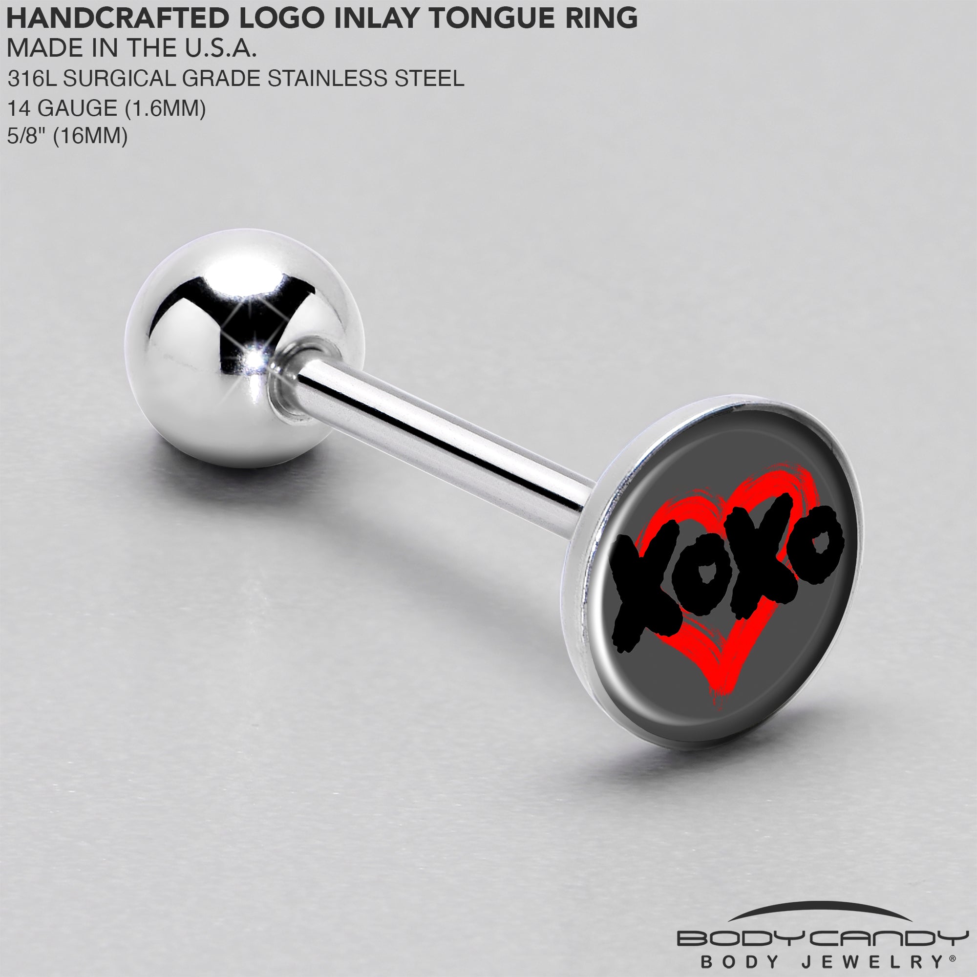 BodyCandy XOXO Heart Barbell Tongue Ring by Onyx O — side view
