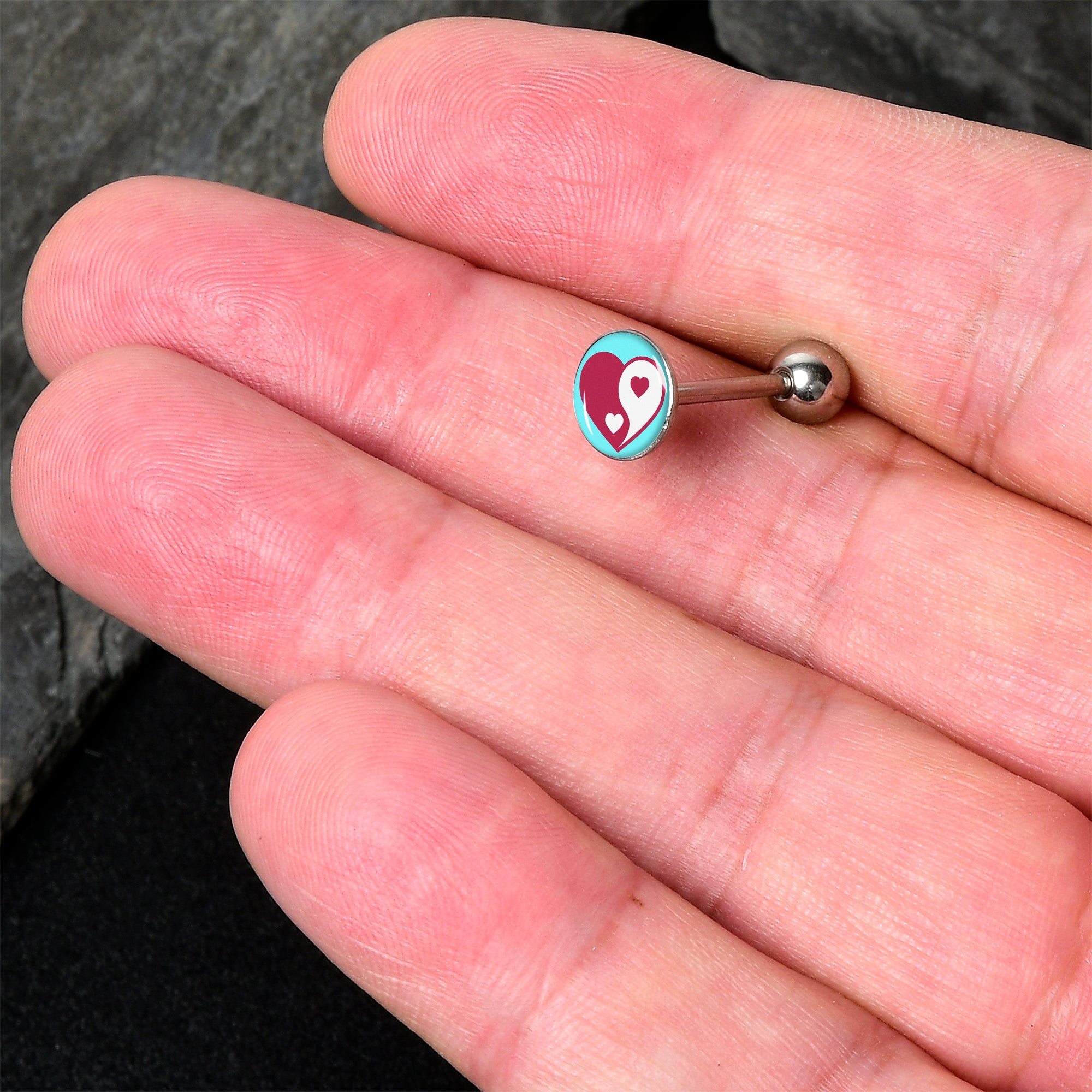 BodyCandy Love Yin Yang Heart Barbell Tongue Ring by Onyx O — detail close-up