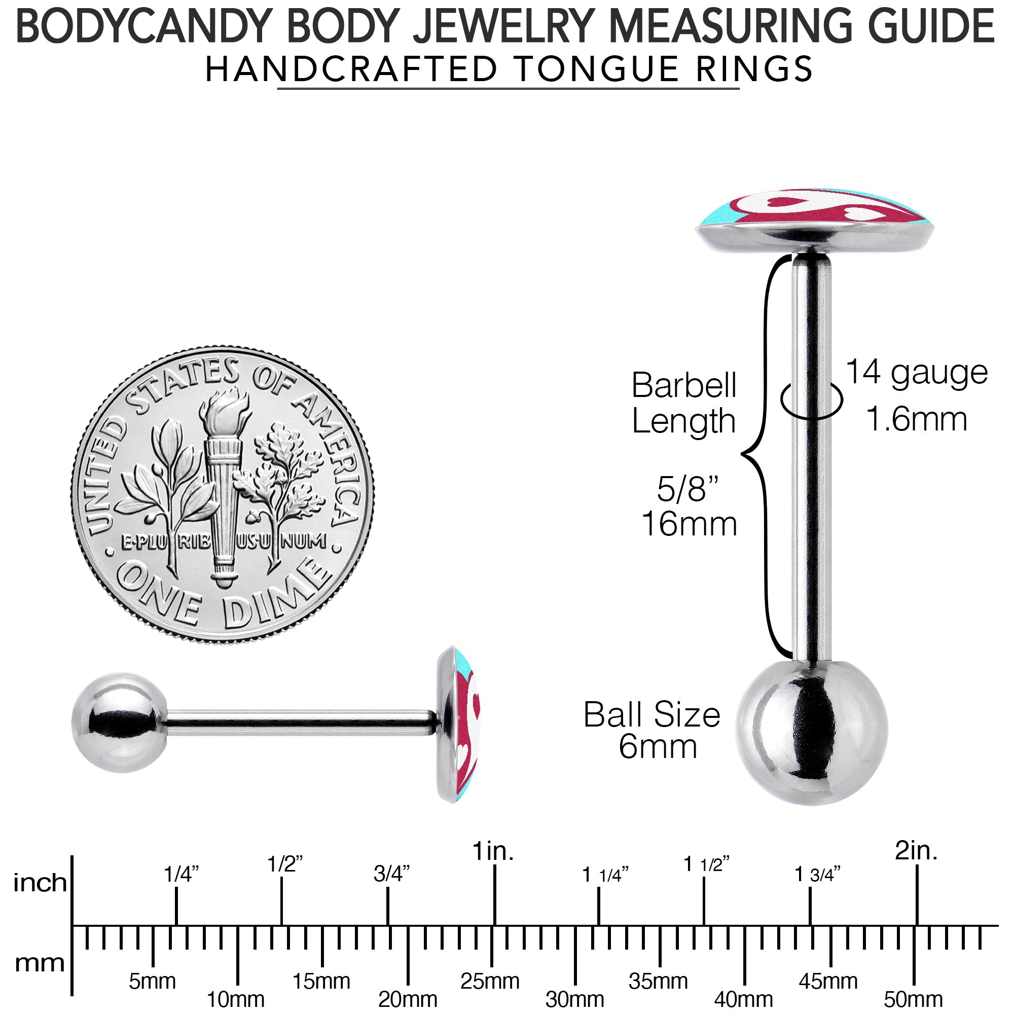 BodyCandy Love Yin Yang Heart Barbell Tongue Ring by Onyx O — back view