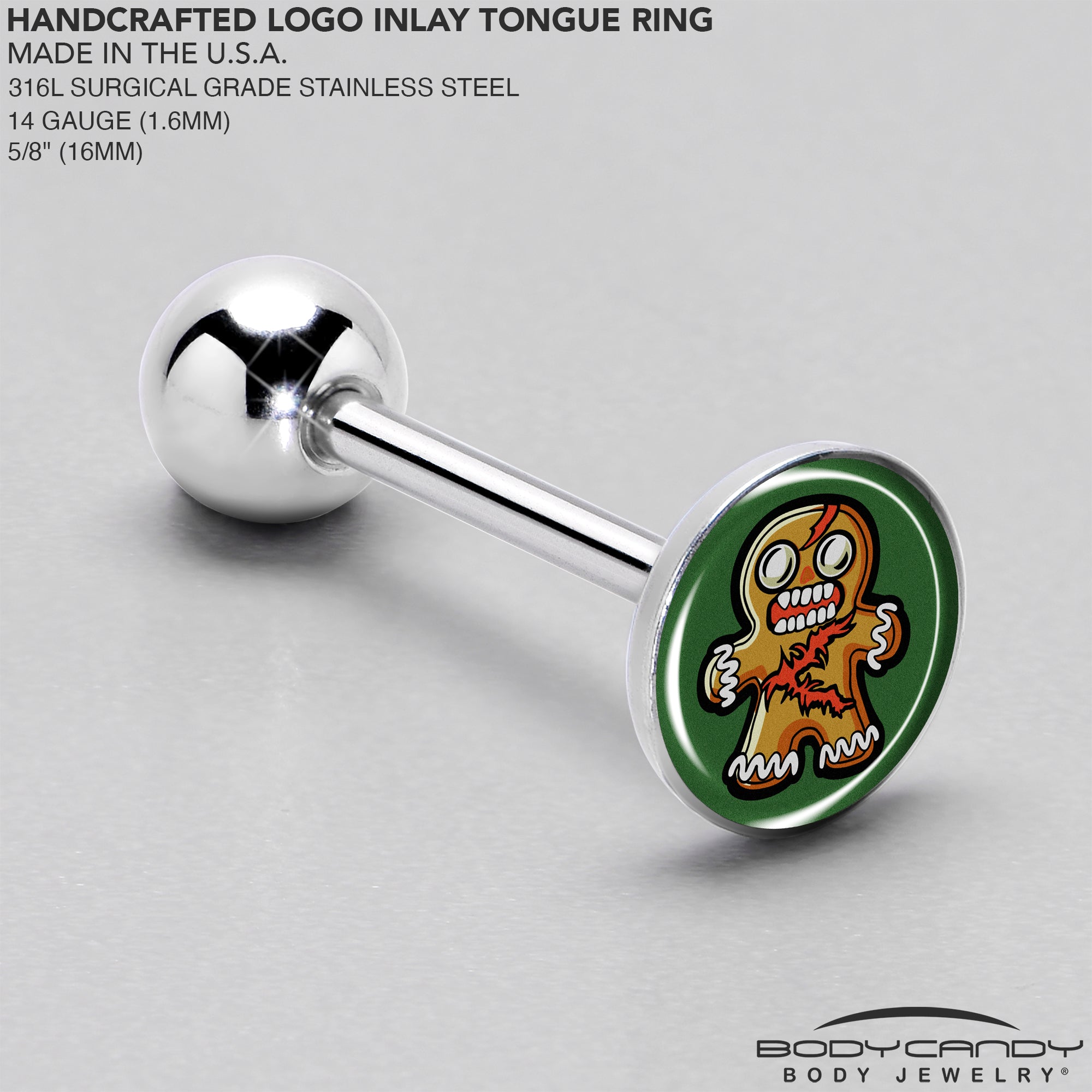 BodyCandy Christmas Holiday Zombie Gingergread Man Barbell Tongue Ring by Onyx O — side view