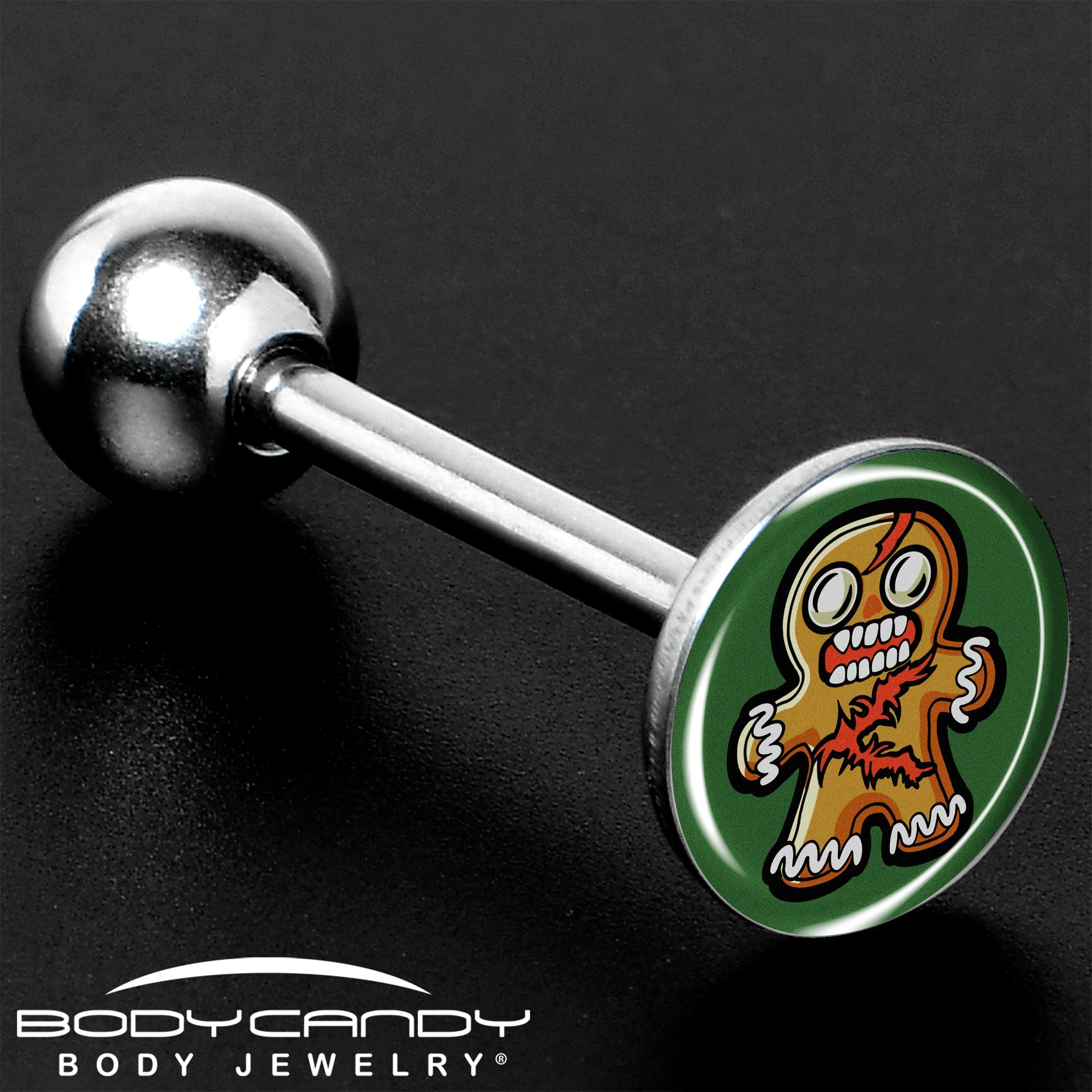BodyCandy Christmas Holiday Zombie Gingergread Man Barbell Tongue Ring by Onyx O — size reference