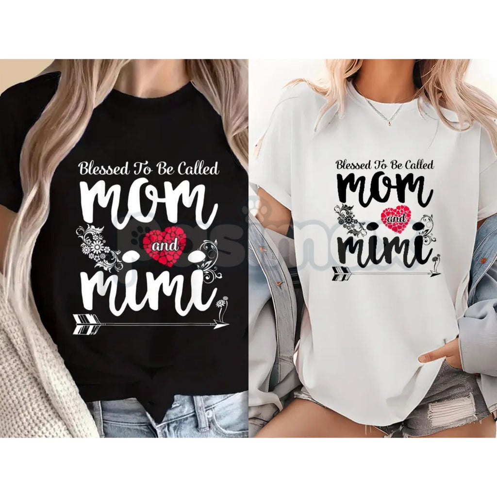 "Called Mom And Mimi's Blessing" Ladies T-Shirt – Casual Pattern Mother's Day Tee, Premium 100% Cotton Grandmother Gift Top, Soft Lived-In Heavyweight Floral Family Shirt, Made in USA