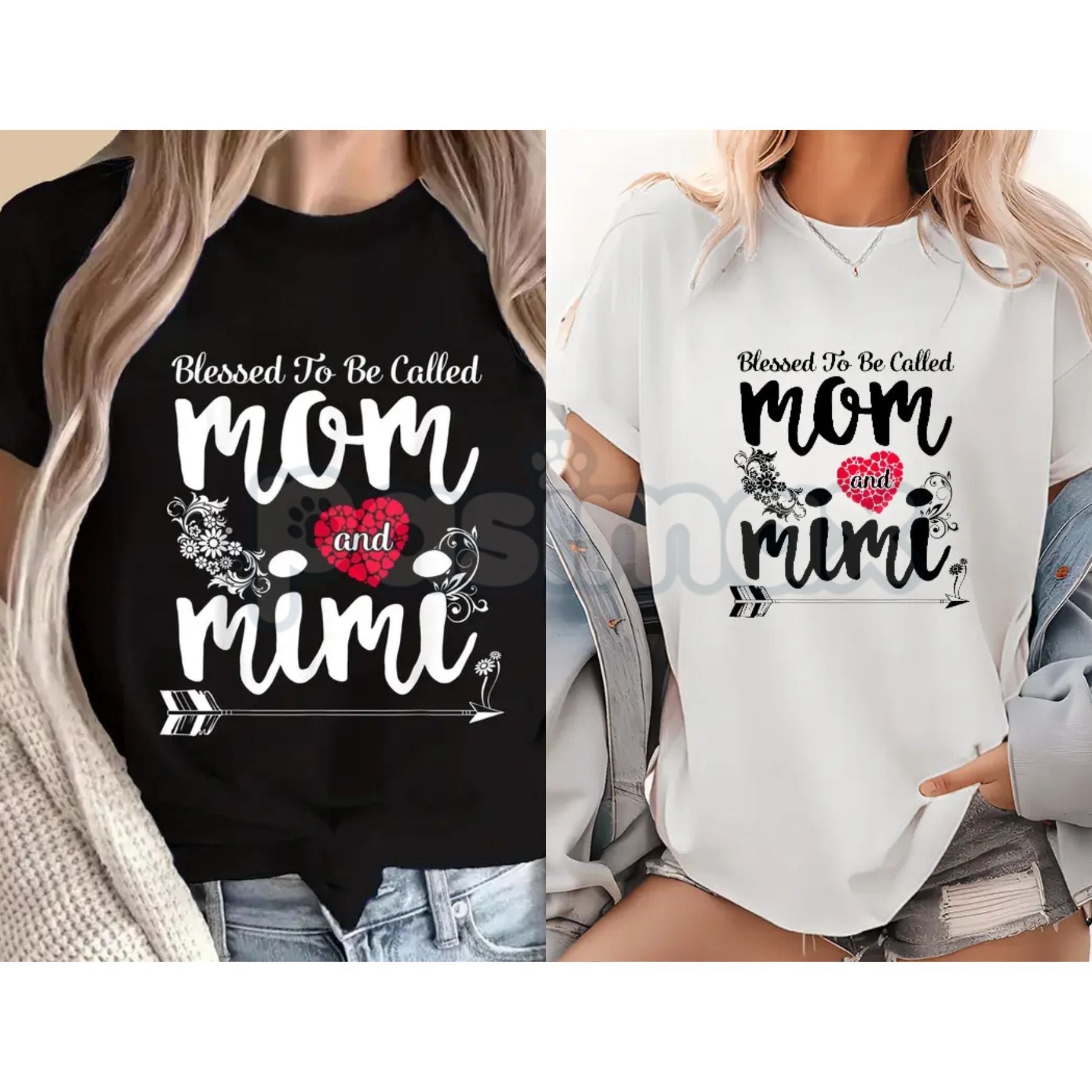 "Called Mom And Mimi's Blessing" Ladies T-Shirt – Casual Pattern Mother's Day Tee, Premium 100% Cotton Grandmother Gift Top, Soft Lived-In Heavyweight Floral Family Shirt, Made in USA