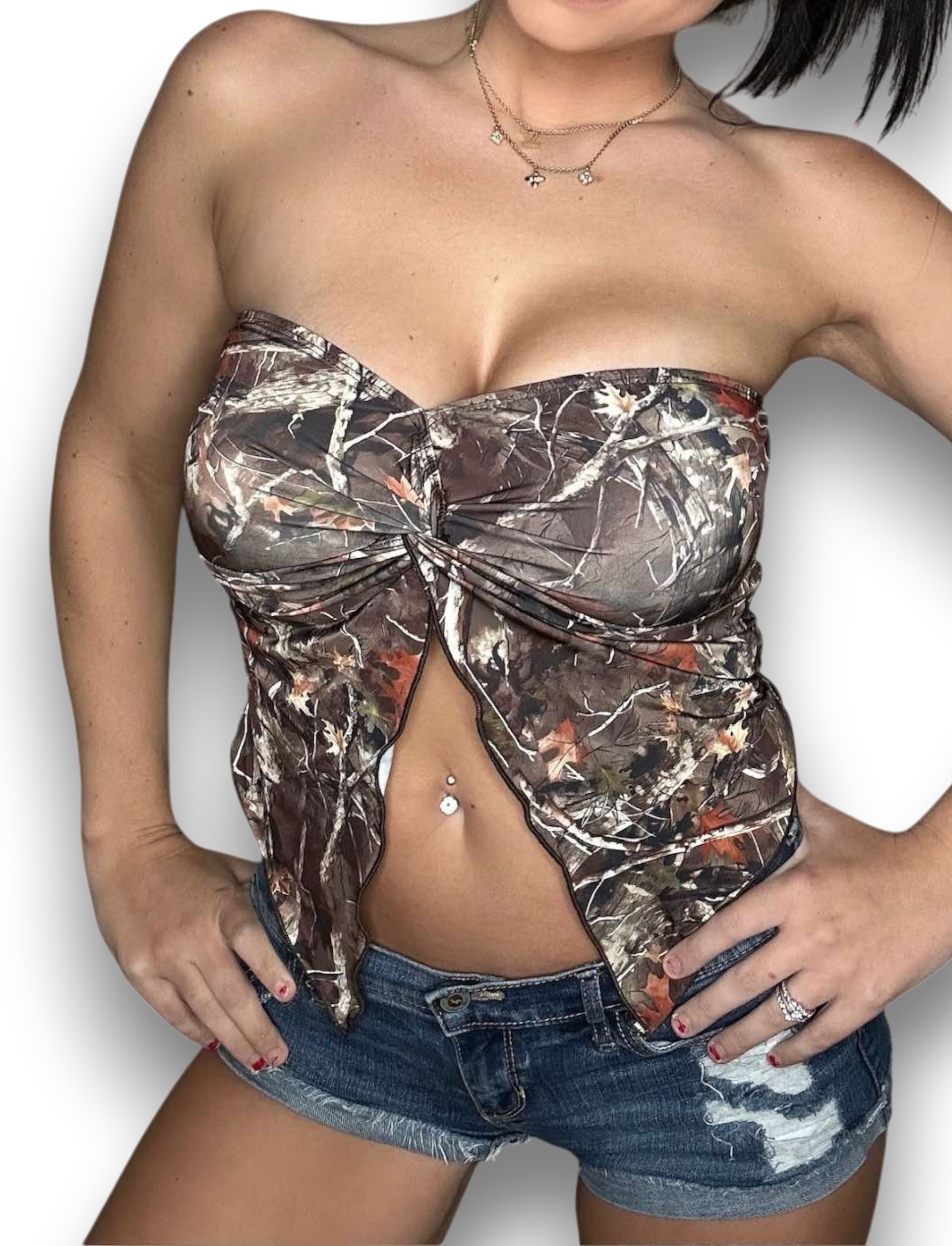 Luckless Outfitters Camo Ruffle Tie Top — main product shot