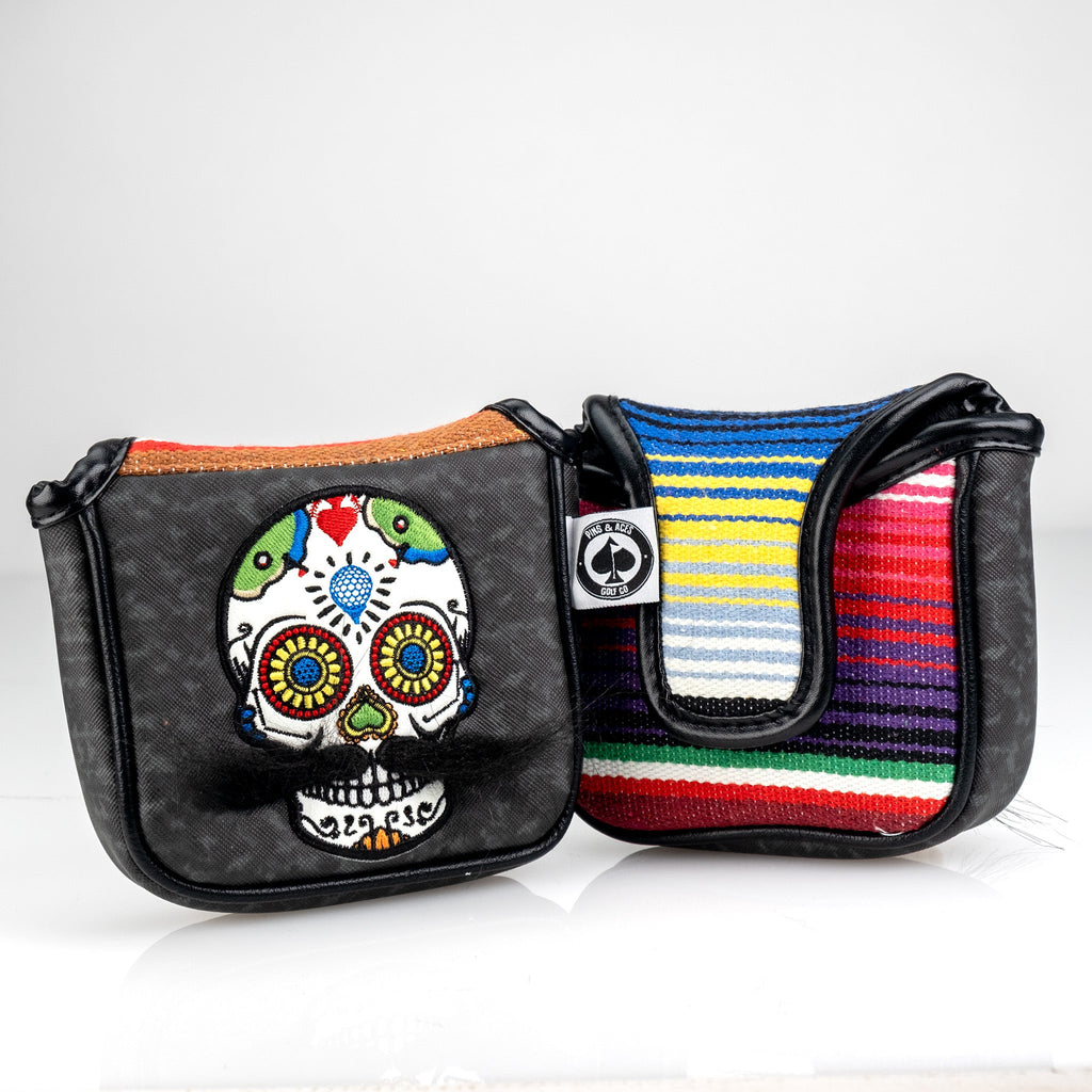 Pins and Aces Mustache Sugar Skull - Mallet Putter Cover Gray Camo — fabric or material detail