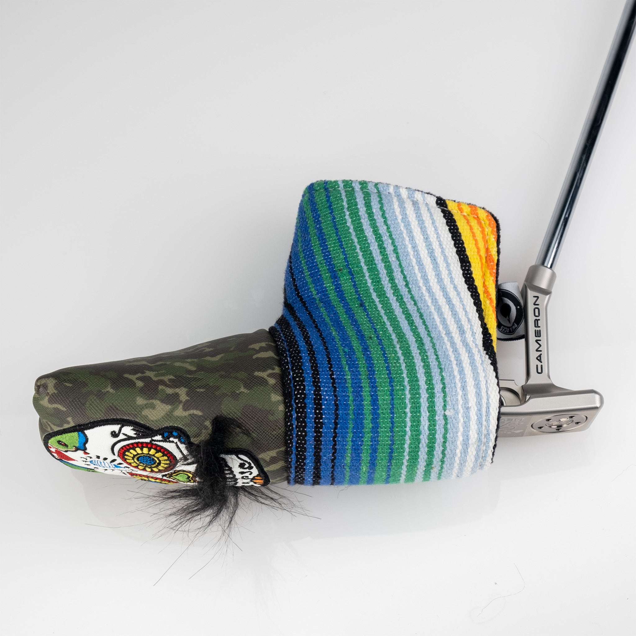 Pins and Aces Mustache Sugar Skull - Blade Putter Cover Green Camo — detail close-up