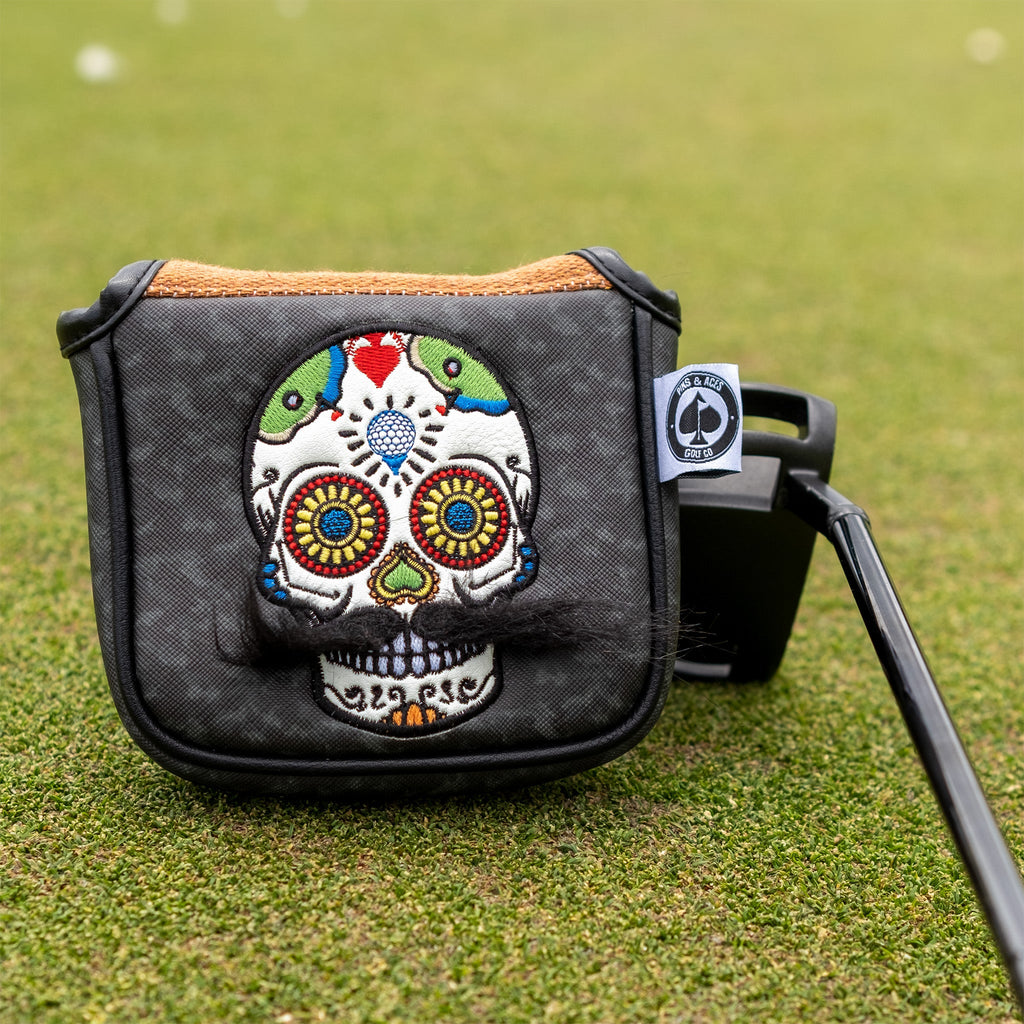 Pins and Aces Mustache Sugar Skull - Mallet Putter Cover Gray Camo — comparison shot