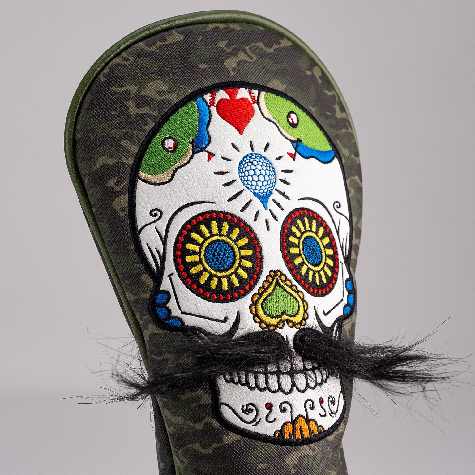 Mustache Sugar Skull - Fairway Cover Green Camo – Pins and Aces, view 8