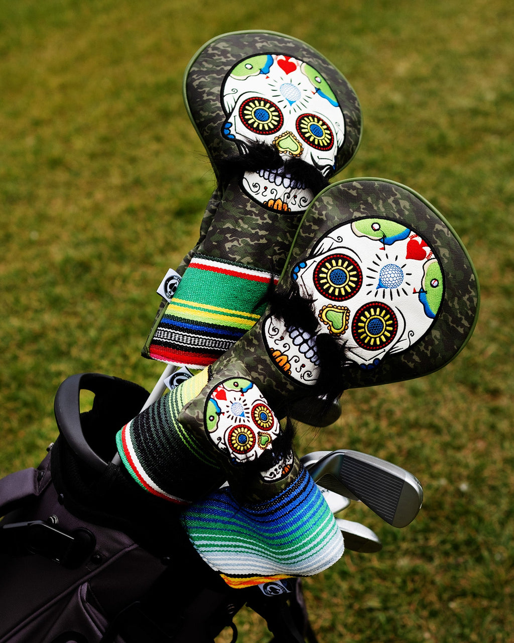 Mustache Sugar Skull - Fairway Cover Green Camo – Pins and Aces, view 11