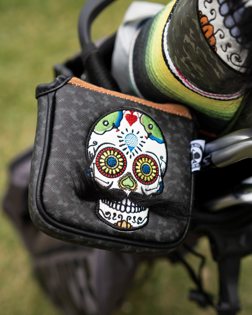 Pins and Aces Mustache Sugar Skull - Mallet Putter Cover Gray Camo — packaging