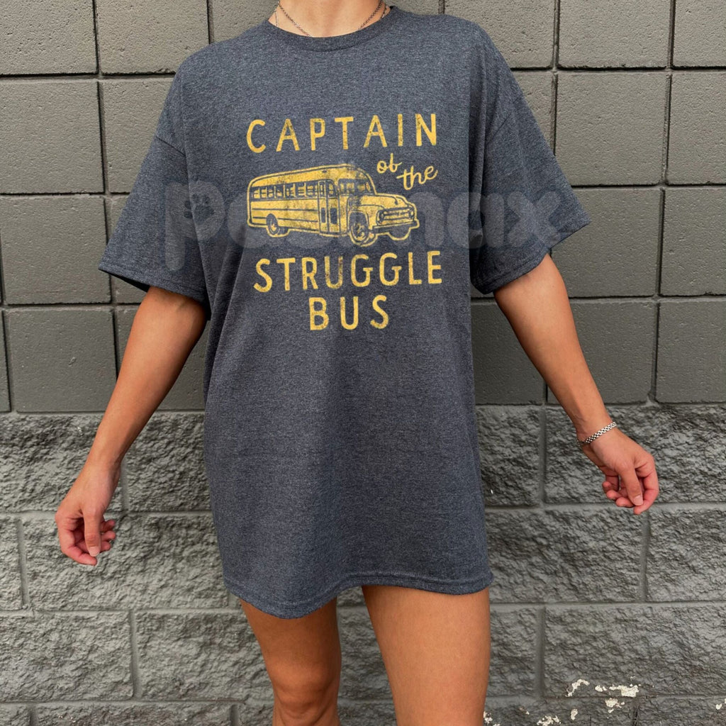 "Captain of The Struggle Bus" Funny T-Shirt – Sarcastic School Bus Graphic Tee, Premium 100% Cotton Novelty Humor Top, Soft Lived-In Heavyweight Relatable Parenting Shirt, Made in USA