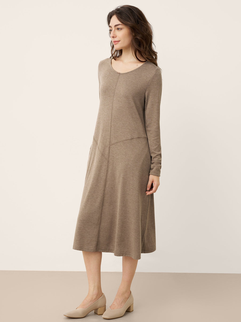 LINTICO Cashmere Crew Neck Sculpted Seam A-Line Midi Dress HARLOW — construction detail