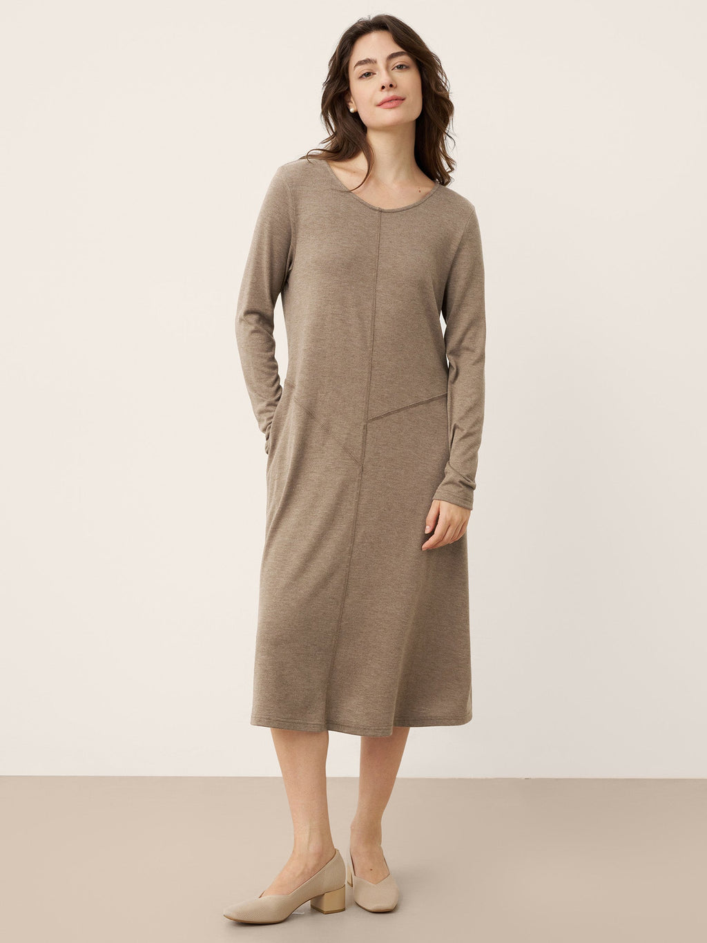 LINTICO Cashmere Crew Neck Sculpted Seam A-Line Midi Dress HARLOW — main product shot