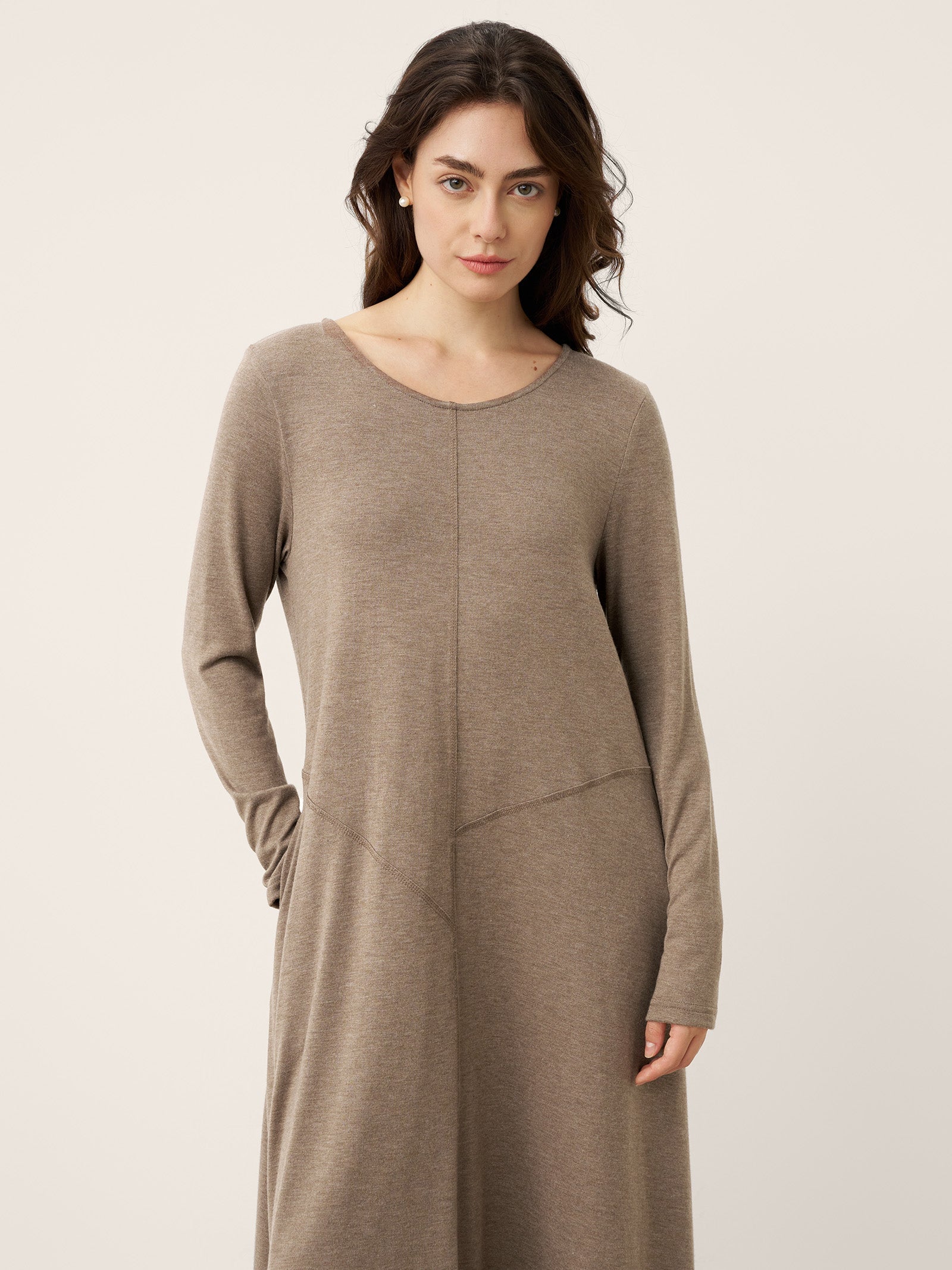 LINTICO Cashmere Crew Neck Sculpted Seam A-Line Midi Dress HARLOW — lifestyle worn / used context