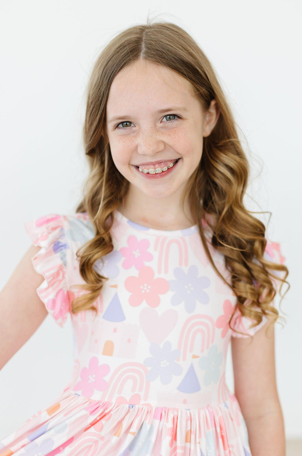 Mila & Rose ® Castles & Rainbows Flutter Sleeve Twirl Dress — size reference