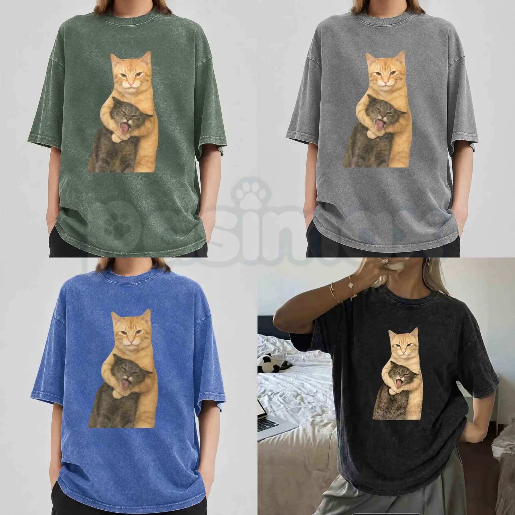Cat Quarrel Moment T-Shirt – Retro Funny Feline Standoff Graphic Tee, Vintage Washed Lightweight Cotton Unisex Streetwear Top